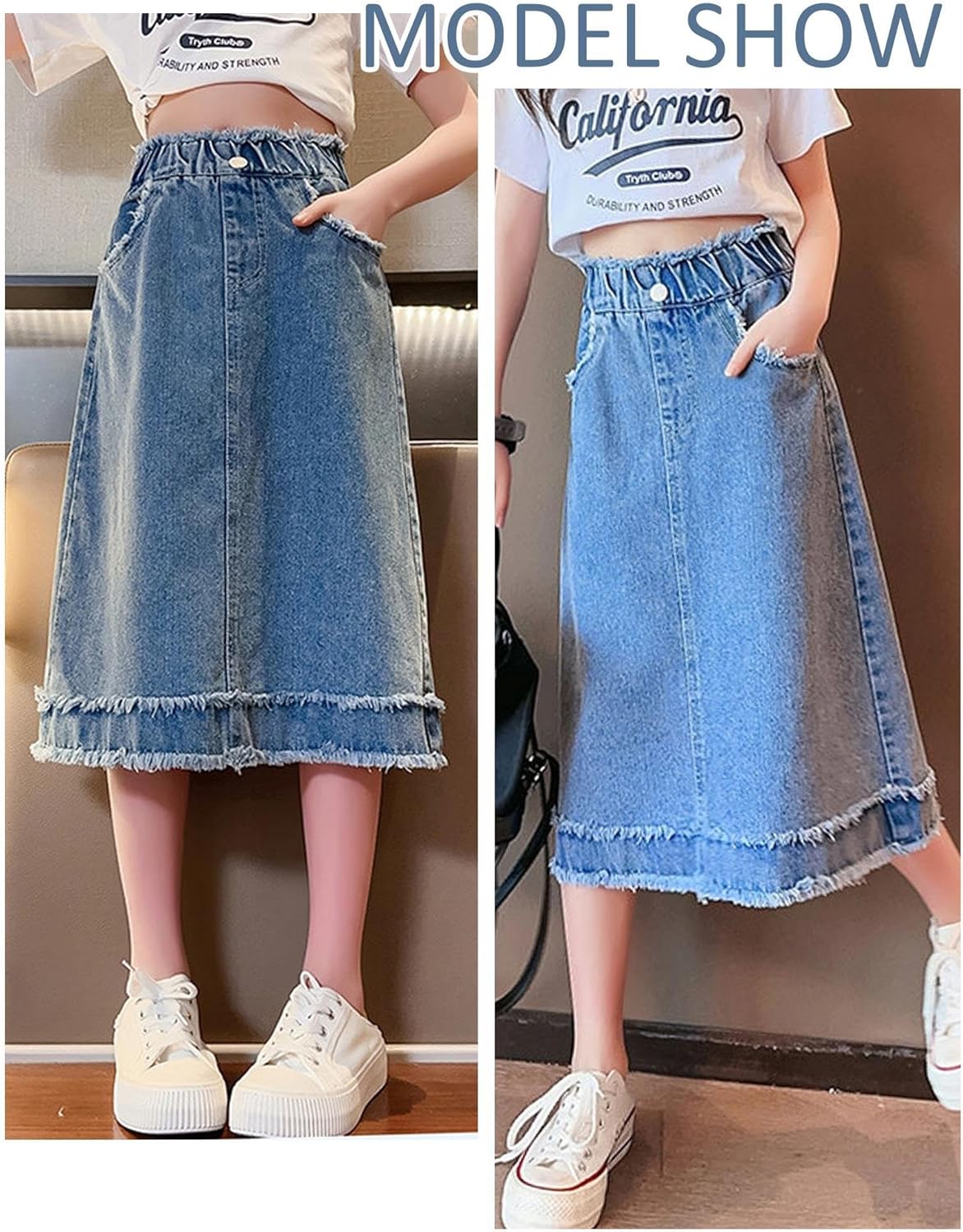 Girl’s Denim Skirt Casual Midi Knee Length Skirts with Pockets Elastic High Waist A Line Jean Skirt 5-14 Years - Image 4
