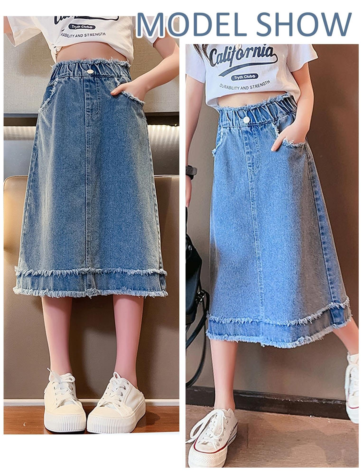 Falda vaquera para niña, casual, hasta la rodilla, con bolsillos, cintura alta elástica, acampanada, 5-14 años