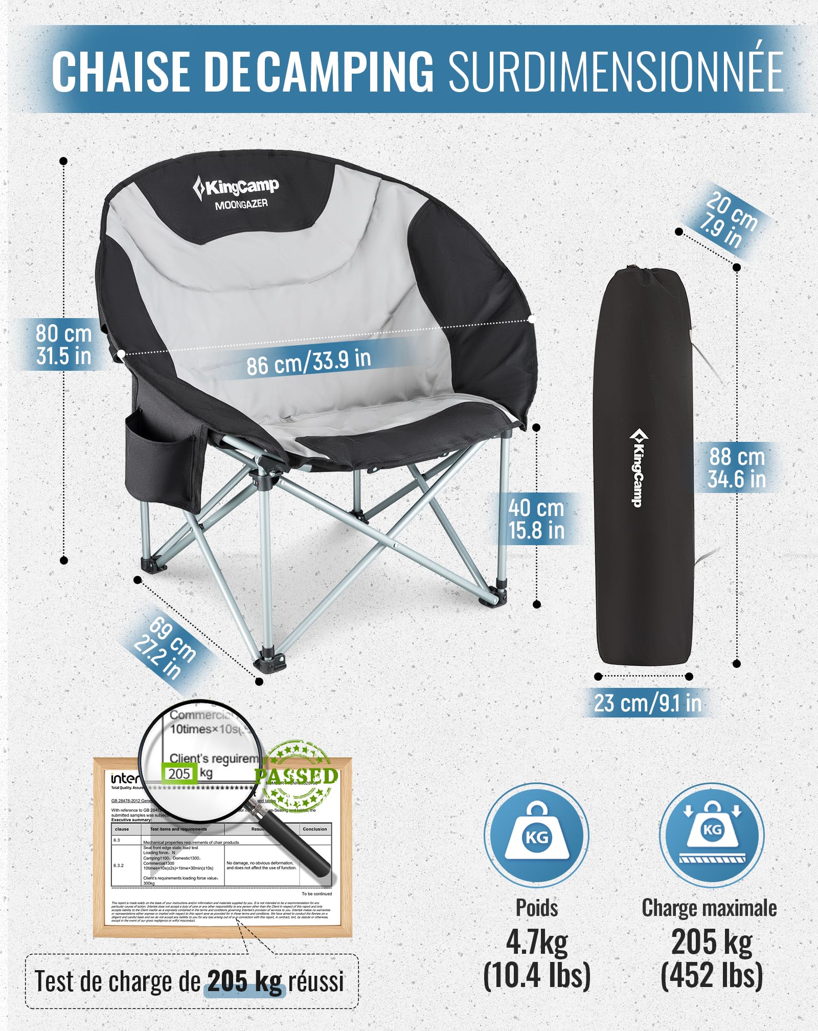 KingCamp Chaise de Camping Ronde Pliante Rembourrée jusqu'à 205 kg | Portable avec Sac Isotherme, Porte-Gobelet & Sac de Transport pour Camping, Jardin, Pêche Outdoor