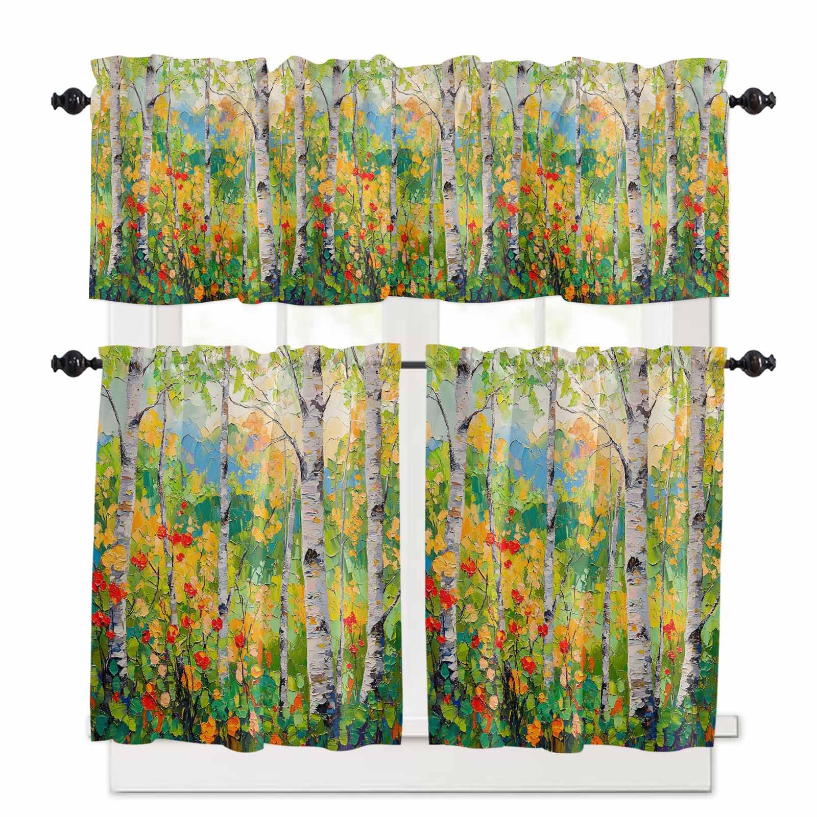 Green Oil Painting Kitchen Curtains 36 Inch Length,3 Piece Rod Pocket Small Half Tiers and Valance Set,Modern Abstract Art Summer Botanical Small Large Window Treatment Decor for Bedroom/Bathroom