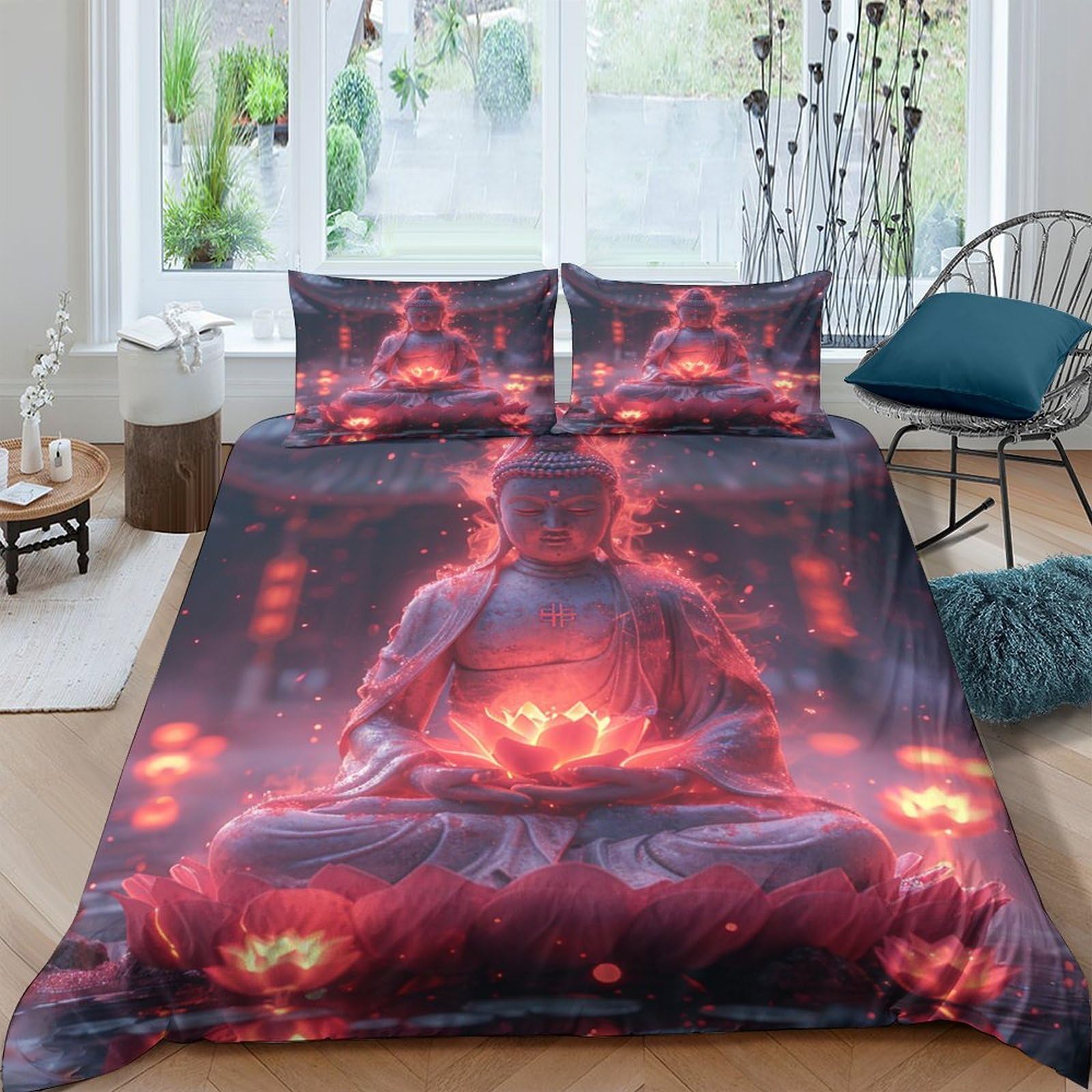 Ctjqhvkz Style-7 3D Printed Meditation Buddha Fitted Sheet Microfiber Soft Breathable Red Lotus Bed Cover For Bedroom Decor Single（135X200cm）