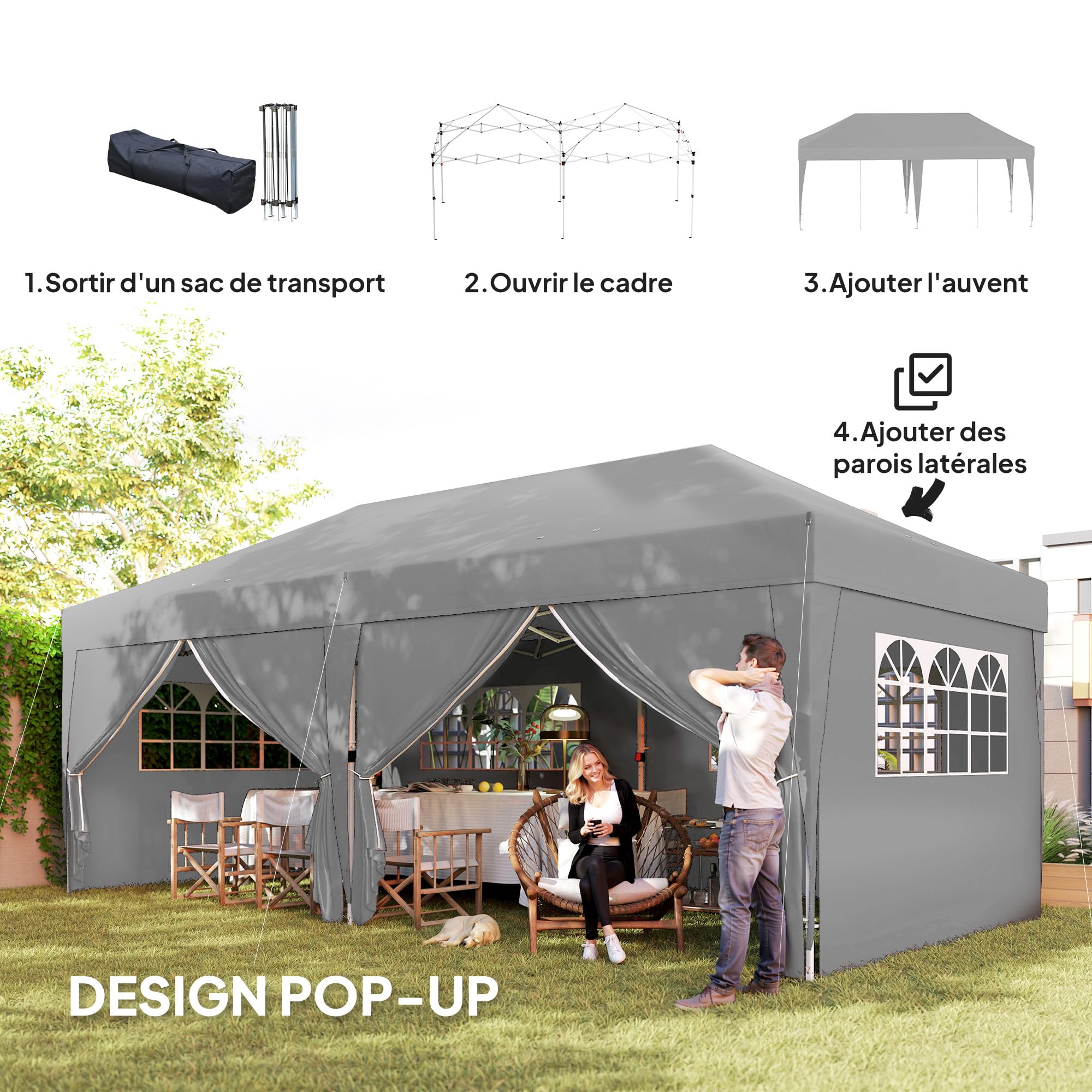Outsunny Tonnelle de Jardin Exterieur tonnelle Pliante 3 x 6 m Pop-up avec 6 parois latérales, Trous de Drainage, Sac de Transport Inclus, Barnum Pliant pour Camping Festival Mariage, Gris