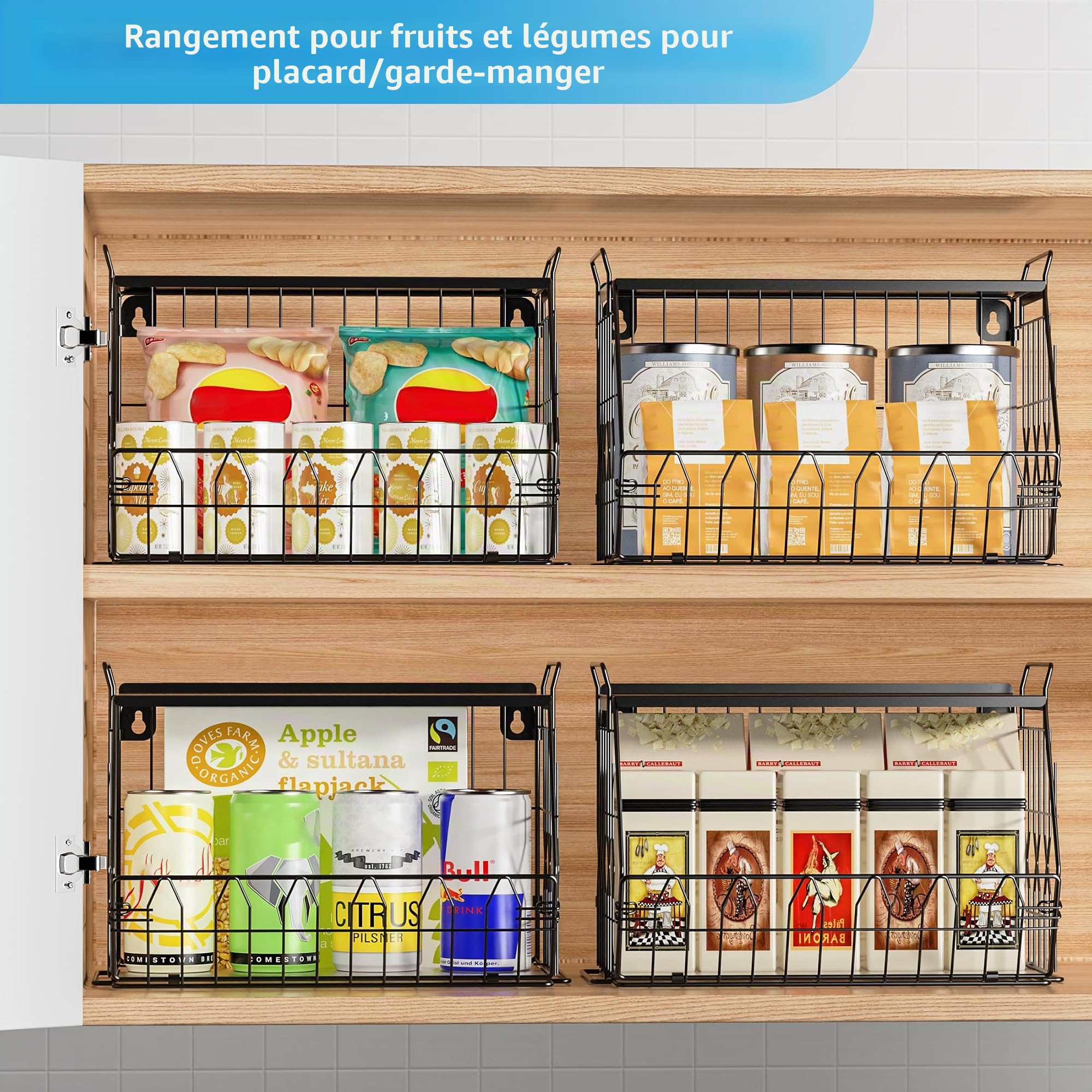 Ezprotekt Lot de 2 corbeilles à fruits empilables avec couvercles en métal, corbeilles à fruits, paniers à fruits empilables à fixation murale, paniers de rangement pour pommes de terre, oignons pour