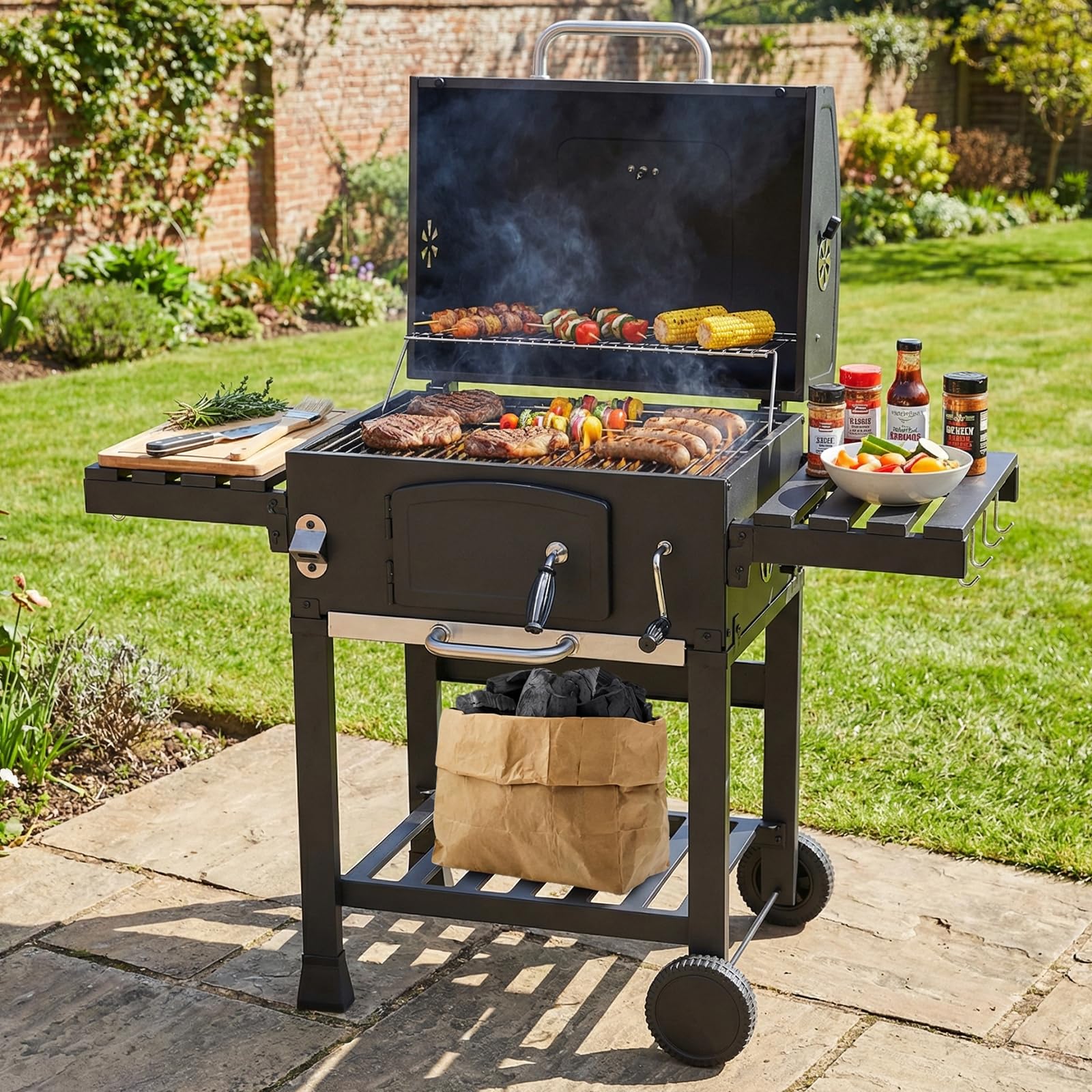 LIFERUN Barbecue Charbon XXL avec Couvercle, Grand Chariot Barbecue avec Housse étanche, Thermomètre, Roues, Cendrier Extractible, Gril Réglable en Hauteur, Fumoir BBQ, Smoker pour Camping et Jardin