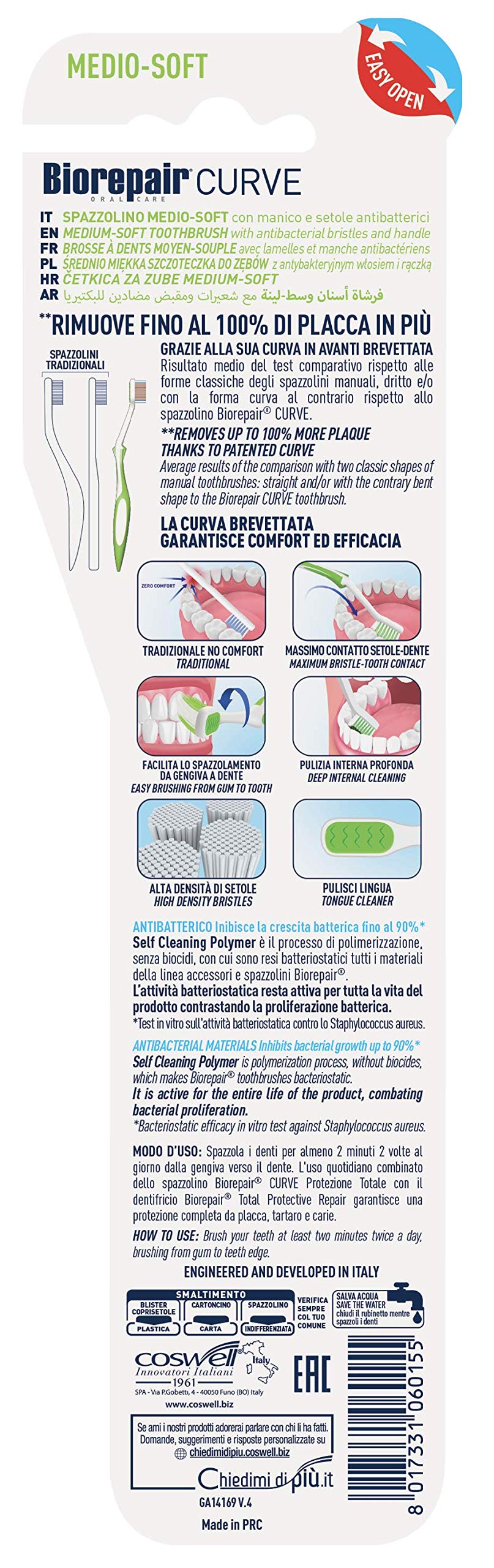 Biorepair, Cepillo de dientes Junior, paquete de 12 unidades, cepillo de dientes para niños de 6 a 12 años, clínicamente probado, con cerdas medio-suaves, forma curva patentada, antibacteriano,