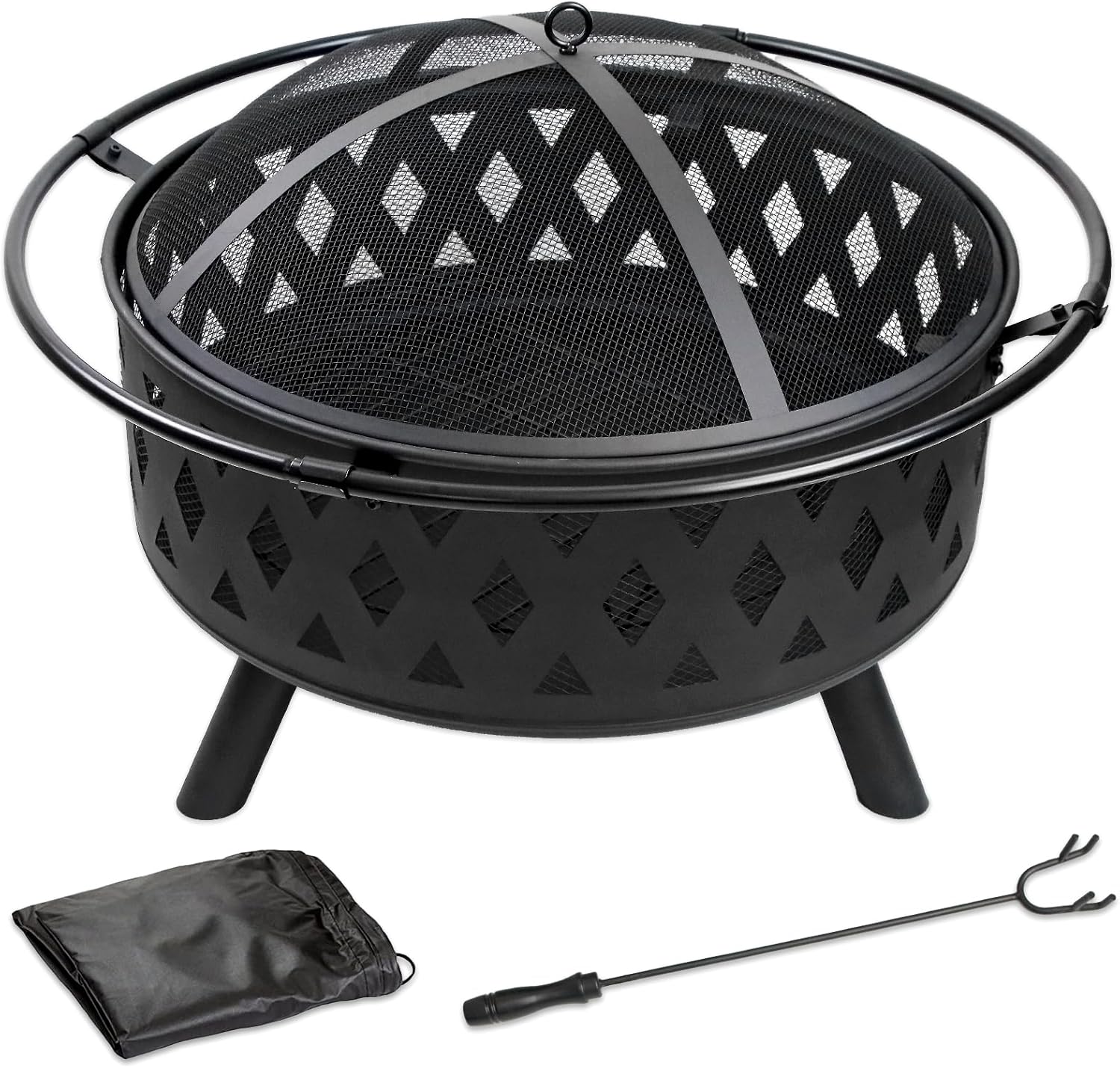 Product image of 32 Inch Fire Pit Outdoor Burning Stove, 2 in 1 Metal Round Fireplace for Outside Bonfire Party, BBQ, Camping, Backyard, Patio, Garden w/Fire Poker, Spark Screen, Grate, Cover (Rhombic)