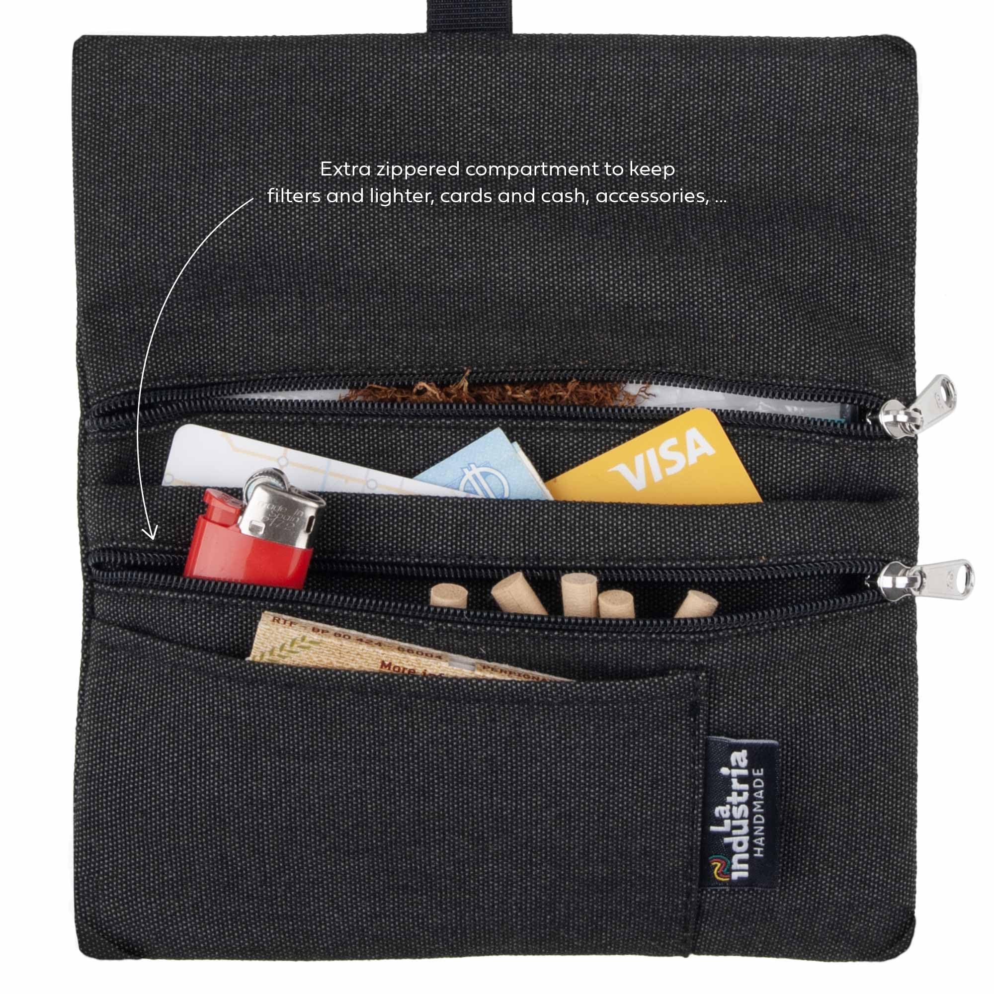 Tabaktasche für 30-50g 'Vulcano' - Wasserabweisender Tabakbeutel für Drehtabak mit Fächern für Filter, Blättchen und Feuerzeug (Schwarz)