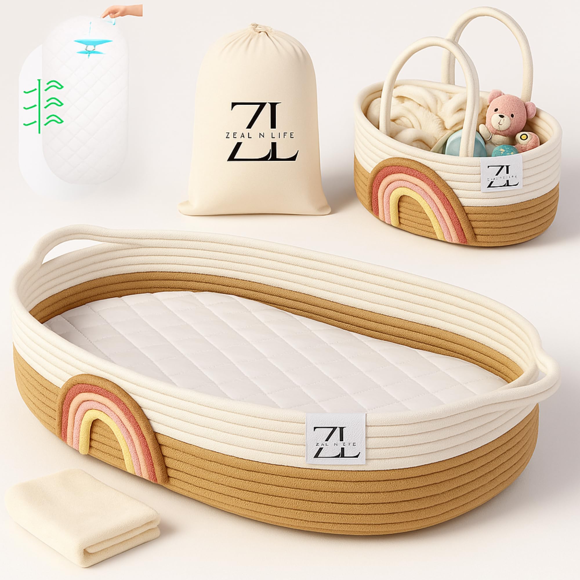 ZEAL N LIFE - Cesta cambiadora para bebé con almohadilla impermeable, organizador de pañales, manta, bolsa de algodón, cambiador portátil, moisés para recién nacidos, cambiador, cesta, color café