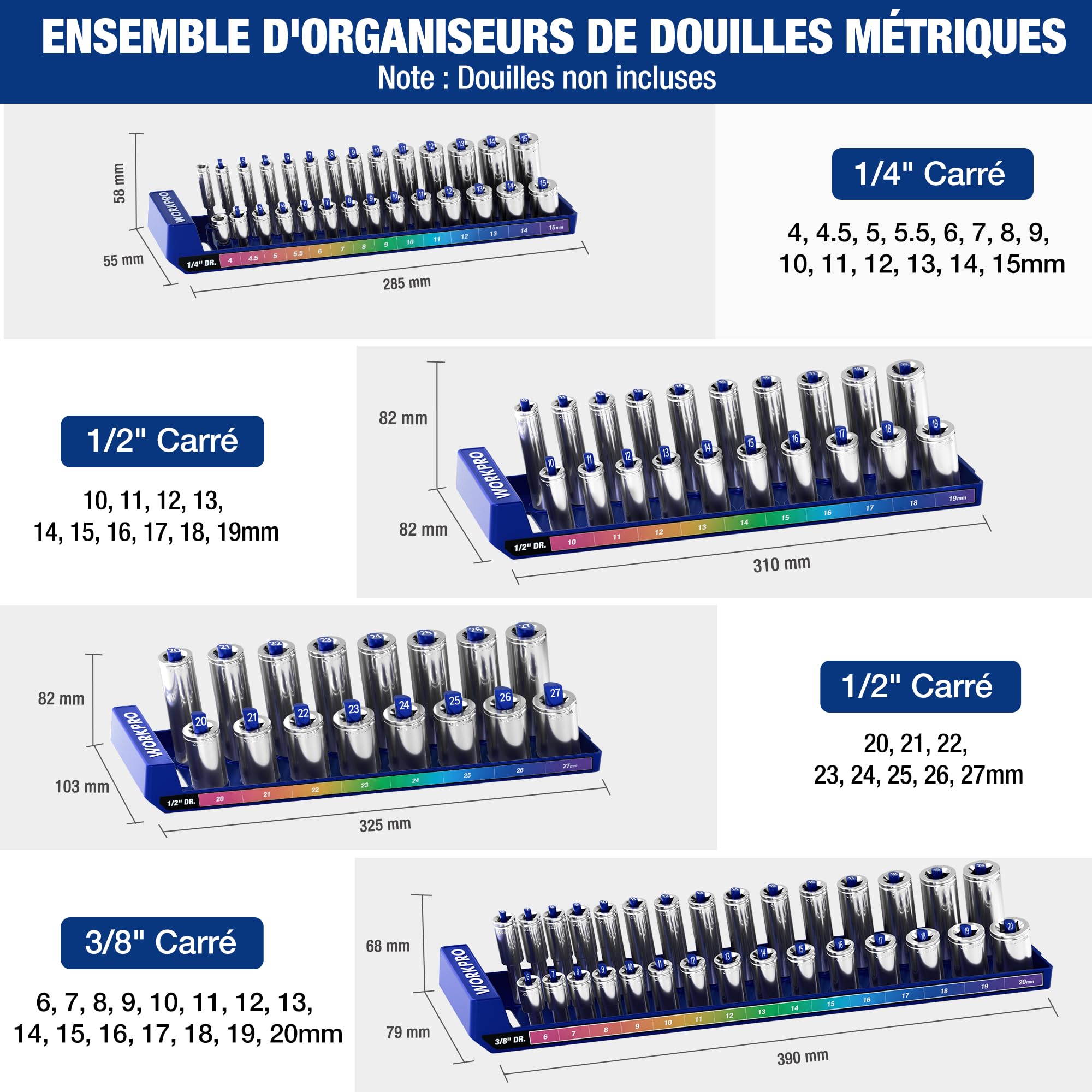 WORKPRO Kit d'Organisateur de Douilles 4 Pièces, 1/4", 3/8", 1/2" pour Douilles Métriques, Support de Rangement pour Douilles avec Plateau de Stockage, Porte-Douilles Shadow pour Organiser vos Outils