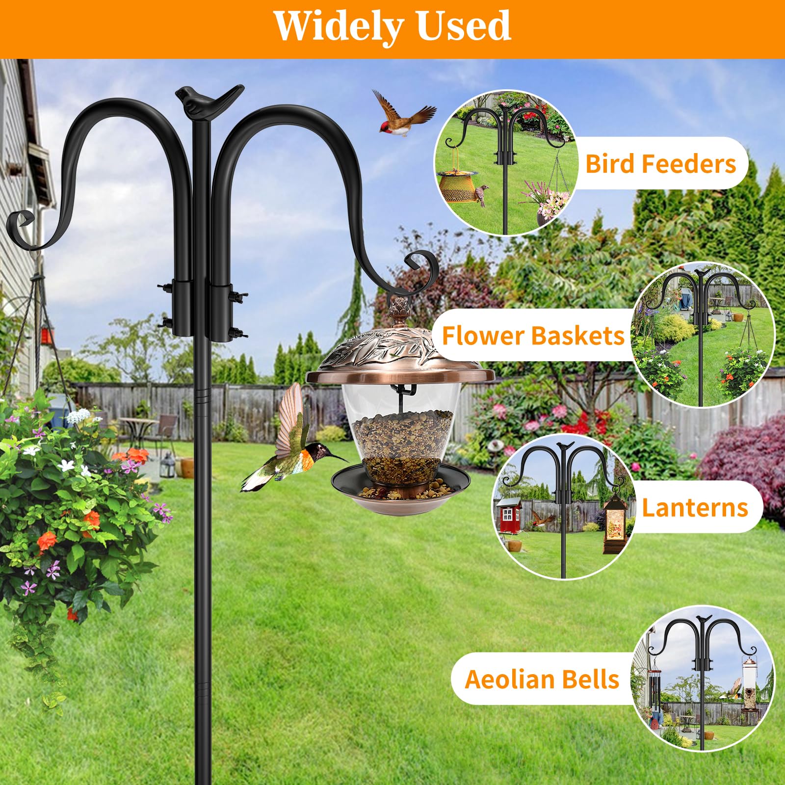 OZMI Double Shepherds Hook for Outdoor, 64 Inch Adjustable Heavy Duty Bird Feeder Pole Stand with 5 Prongs Base, Plant Hangers Outdoor for Basket, Lantern, Wind Chime, Hummingbird Feeder (2 Pack)