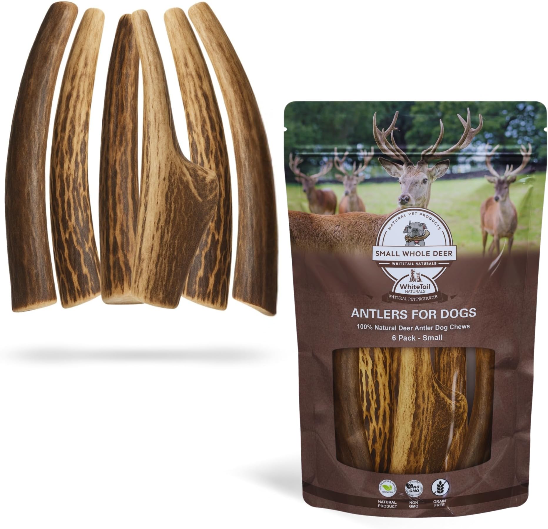 WhiteTail Naturals Antlers for Dogs (6 Pack) Deer Antler Dog Chew Bones for Small Aggressive Chewers - Long Lasting Whole Antlers - Hand Trimmed & Naturally Shed