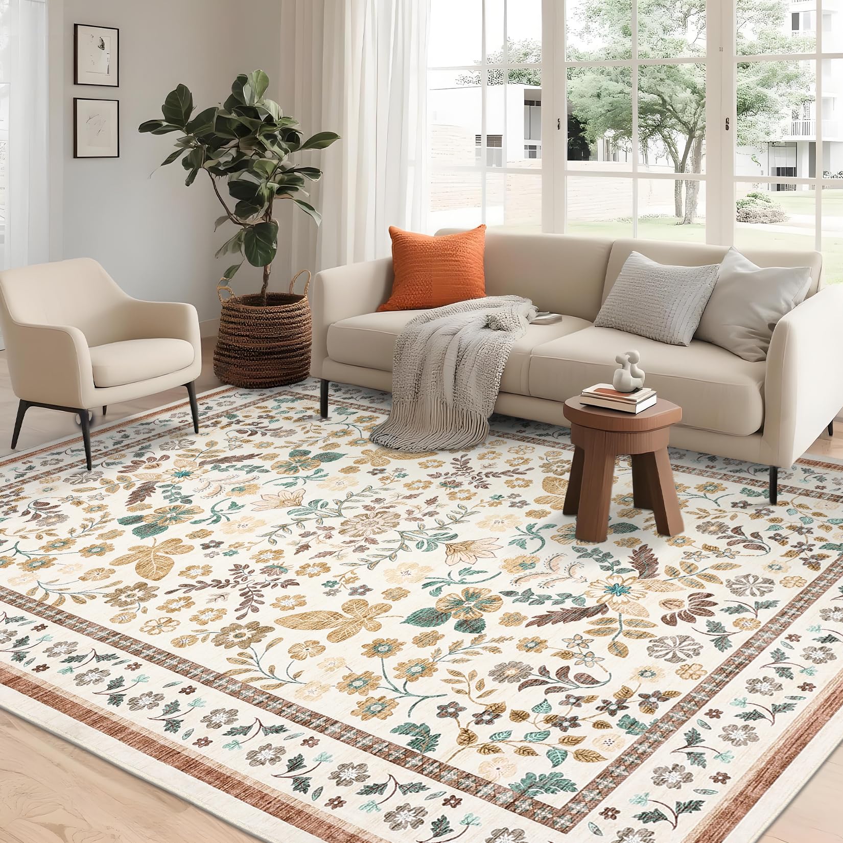 GarveeHome Rugs for Living Room 9x12 Machine Washable Soft Print Boho Low Pile Flower Area Rugs Non-Slip Backing Stain Resistant for Bedroom Farmhouse