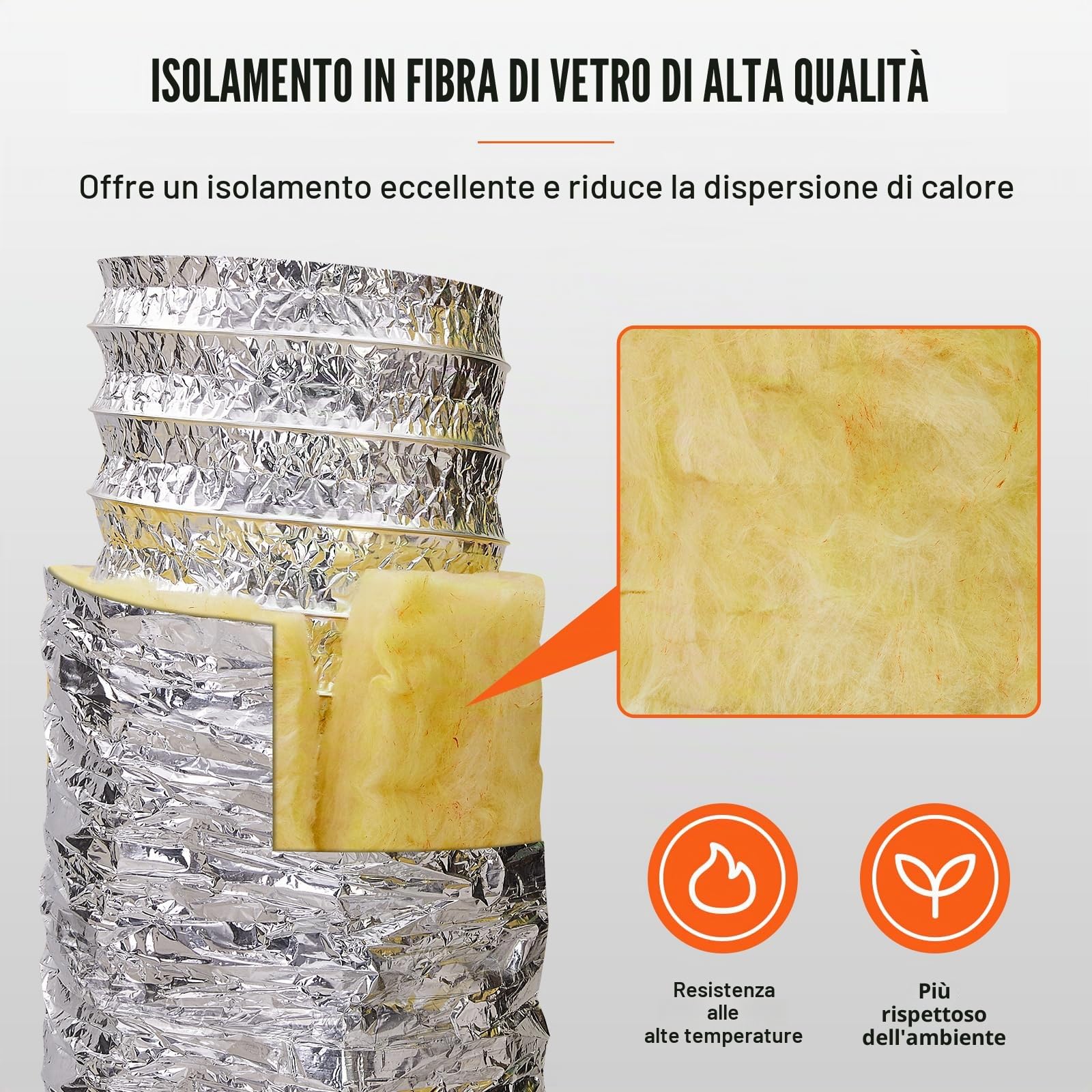 VEVOR Tubo Flessibile Coibentato 130x7620 mm Condotto di Sfiato Termoisolante in Alluminio PET con 2 Fascette Stringitubo Protezione a Tre Strati per Ventilazione, Riscaldamento, Raffreddamento, R-4.2