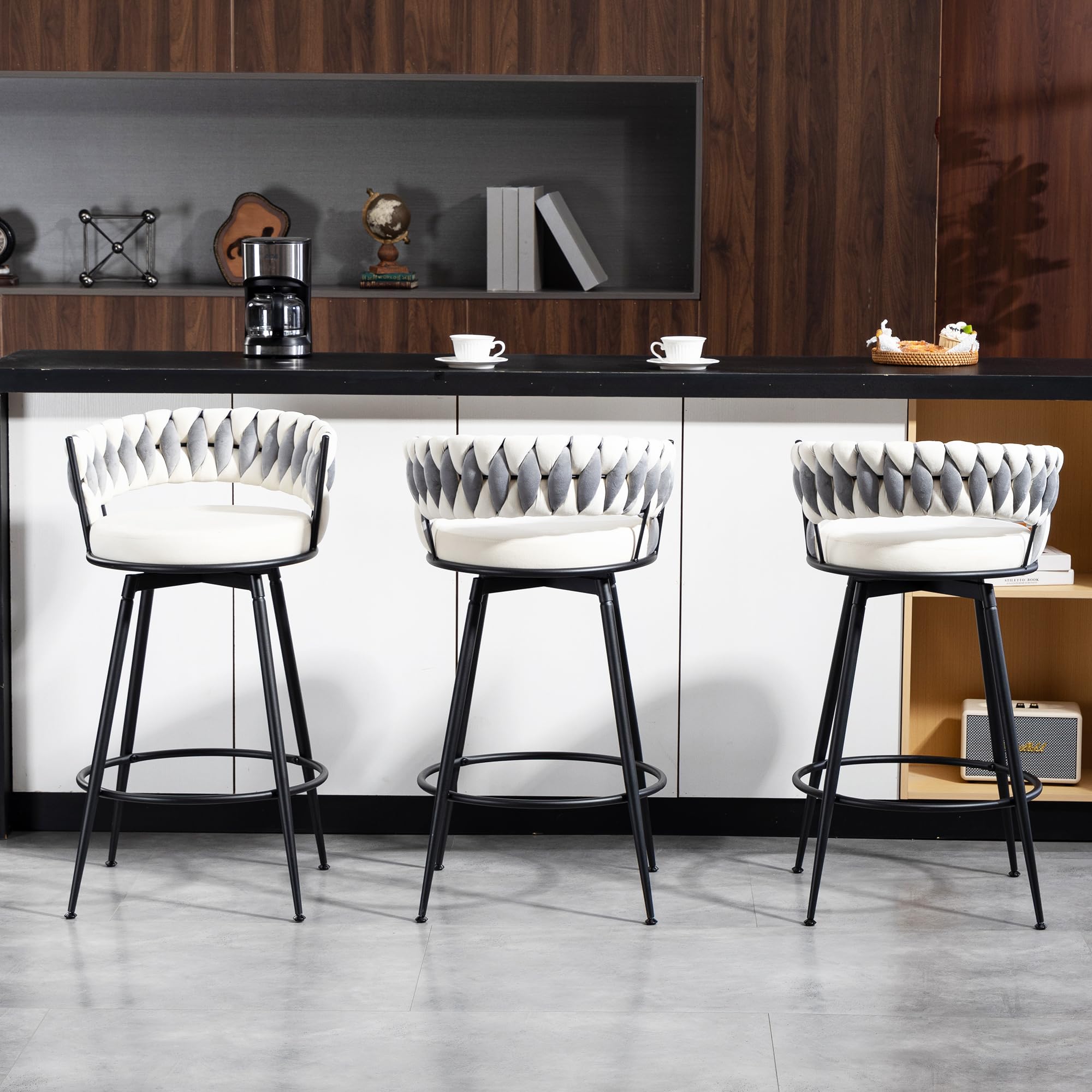 LONXIU 360° Swivel Bar Stools Set of 3, 28 inch Counter Height Bar Stools Modern Barstools with Woven Back and Velvet Fabric, Metal Frame & Footrest