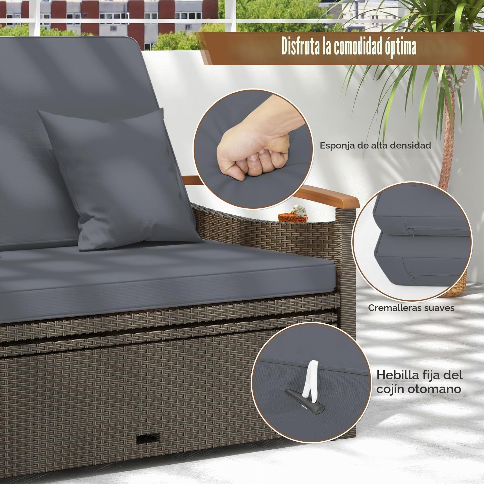 GIANTEX Conjunto de Muebles de Ratán para Jardín, Sofá de Ratán de 2 Plazas y Taburete, Sofá Cama con Estantes Laterales y Cojines, Tumbona Doble para Jardín, Balcón, Terraza (Gris)