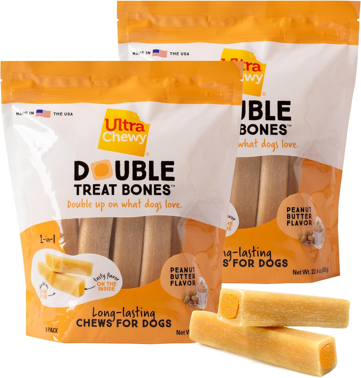 Ultra Chewy Peanut Butter Double Treat Bones: Long-Lasting Dog Treats Made in USA for Large and Small Breeds, Highly Digestible, Ideal for Aggressive Chewers (2 Value Packs)