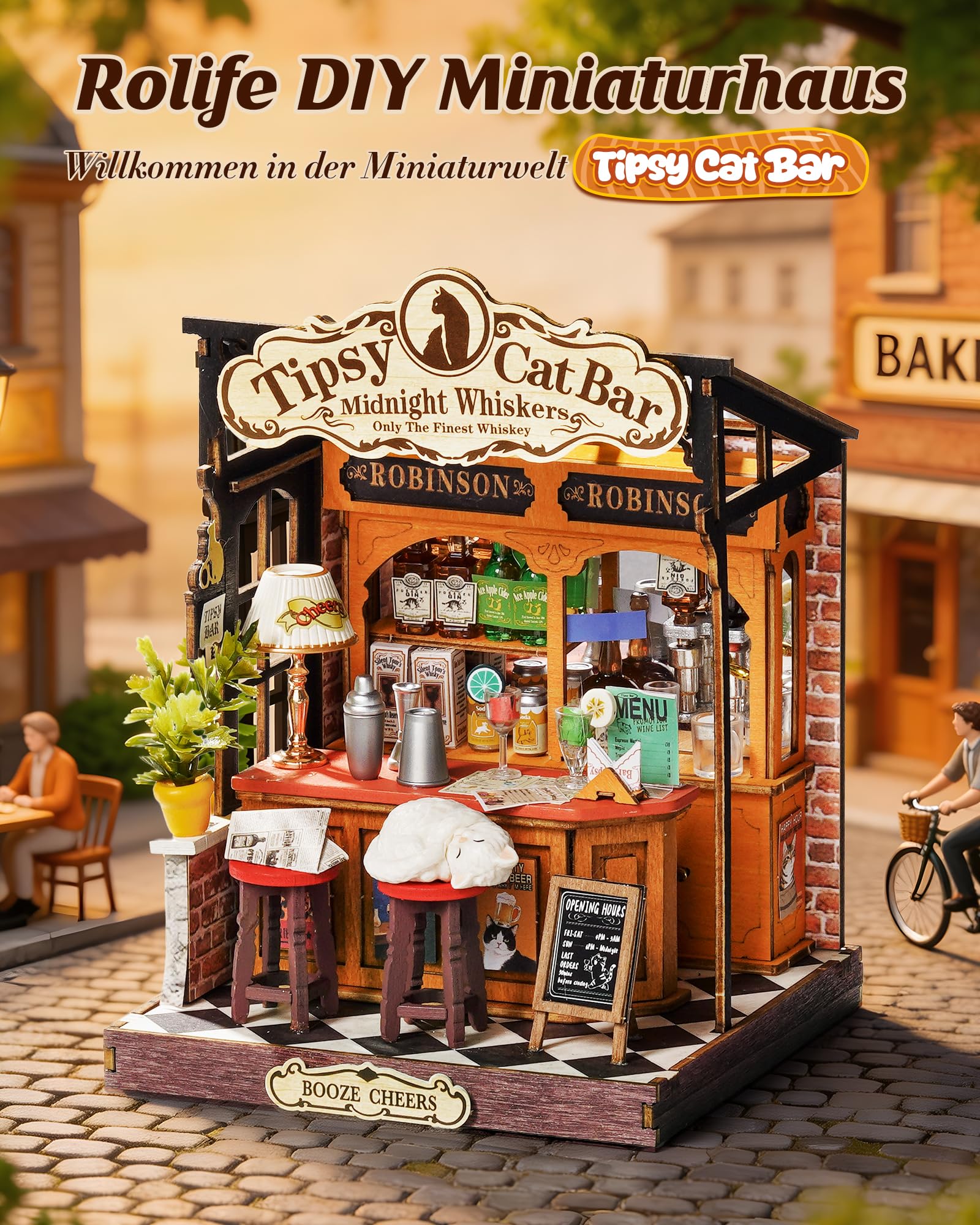 Rolife Miniatur Haus Tipsy Cat Bar, 136-teiliges Mini Haus Selber Bauen Bastelset Erwachsene für Jugendliche Kein Kleber erforderlich, Puppenhaus Tiny House Bausatz 3D Puzzle Book Nook