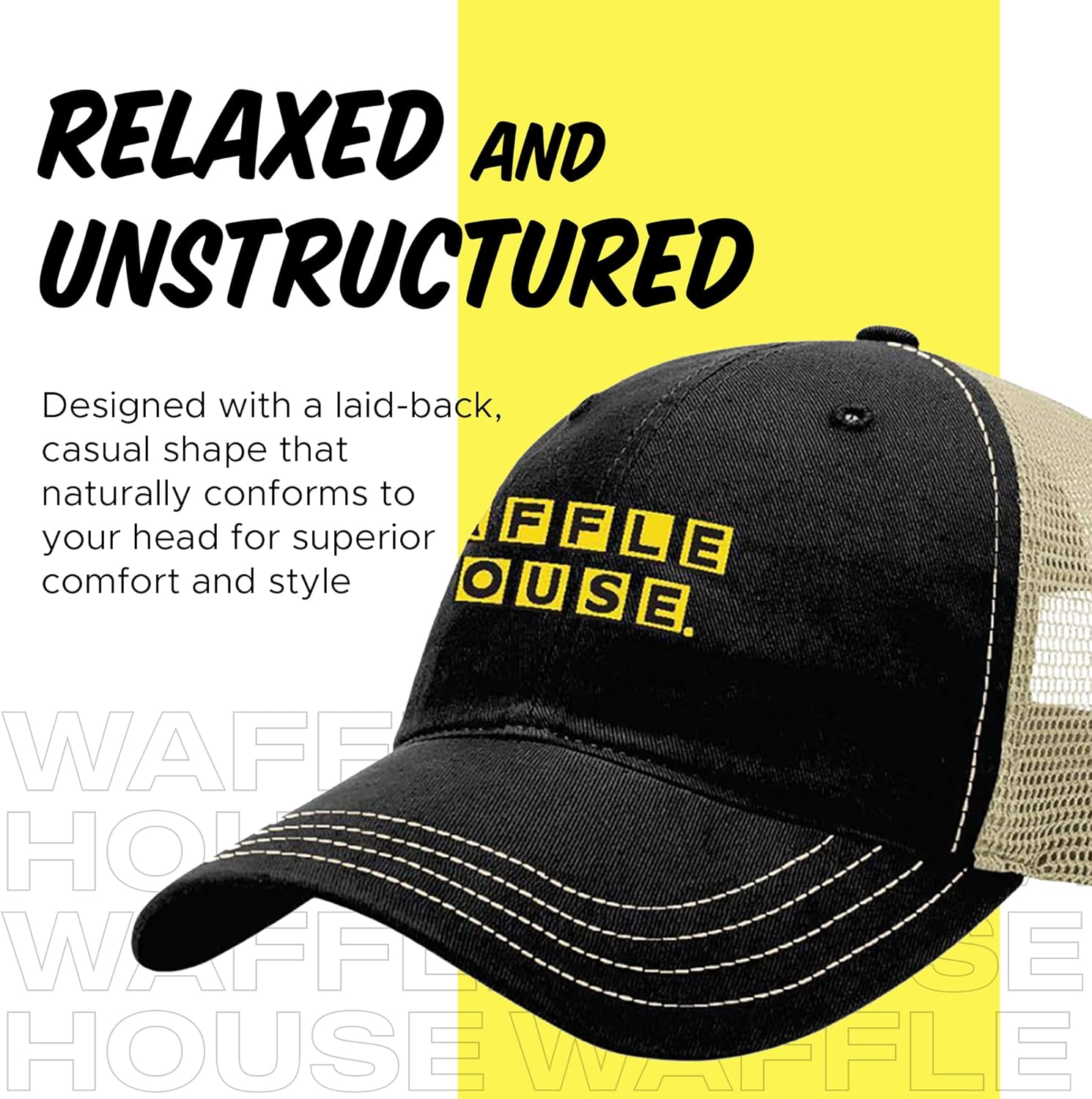 Waffle House Trucker Hat for Men – Garment Washed Mesh Back Cap, Relaxed Fit Adjustable Snapback, Soft Cotton Twill Front, Breathable Casual Trucker Hats