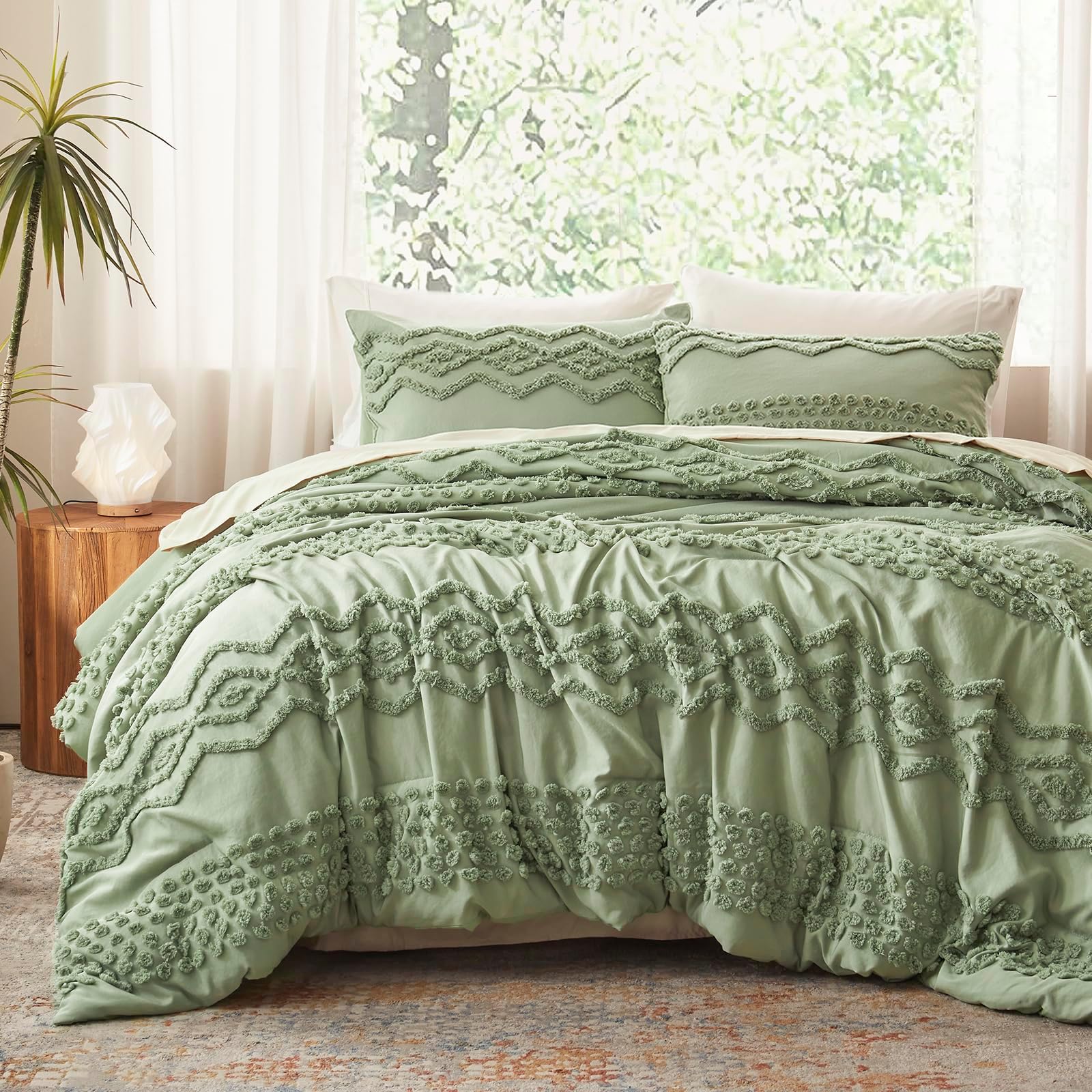 Sage Green Tufted Comforter Set King Size 3 Pieces Boho Shabby Chic Comforter Farmhouse Embroidery Bedding Set Soft Jacquard Comforter for All Seasons (Sage Green, 104''x90'')