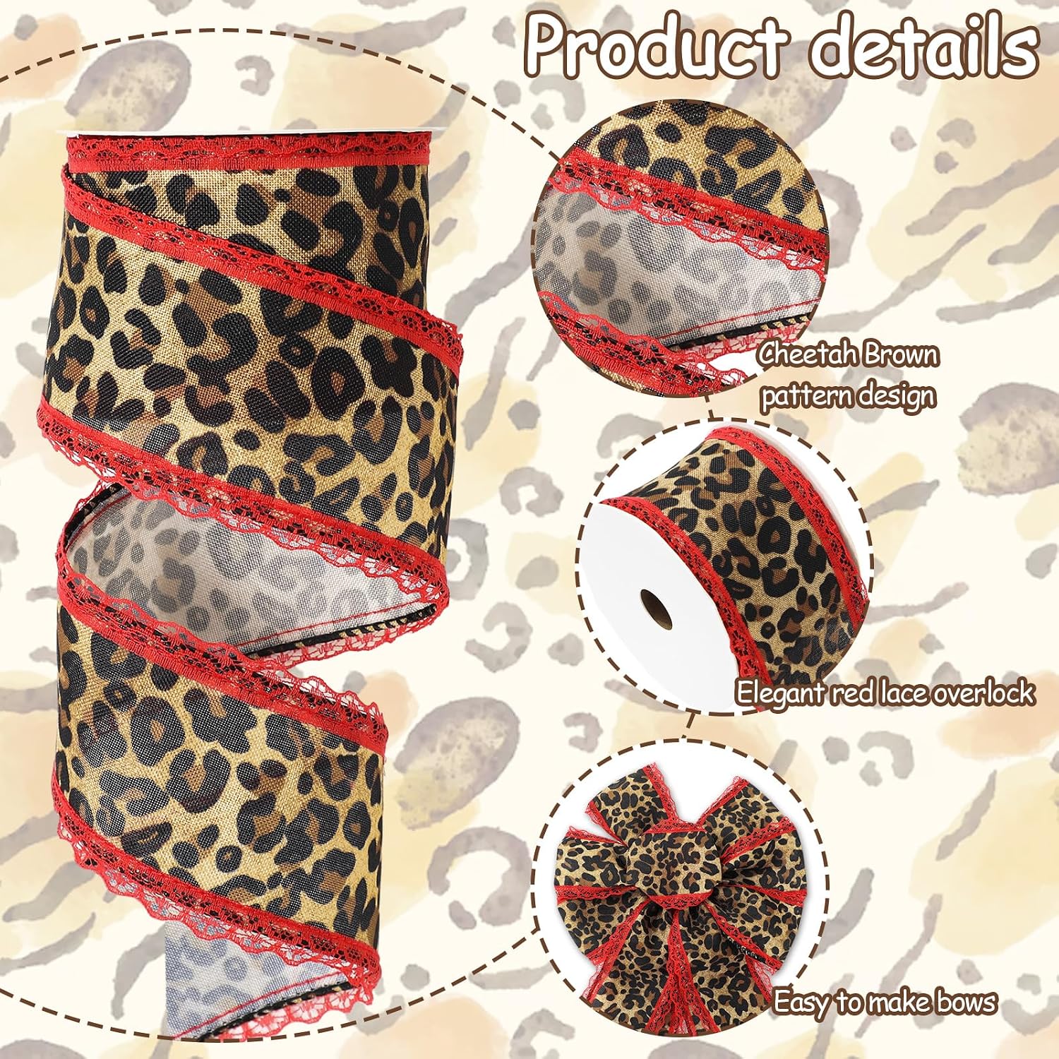 Whaline Leopard Print Wired Edge Ribbon Craft Ribbons Red Lace Brown Black Cheetah Fabric Ribbon for Wreath Bow DIY Wrapping Party Decor, 10 Yard