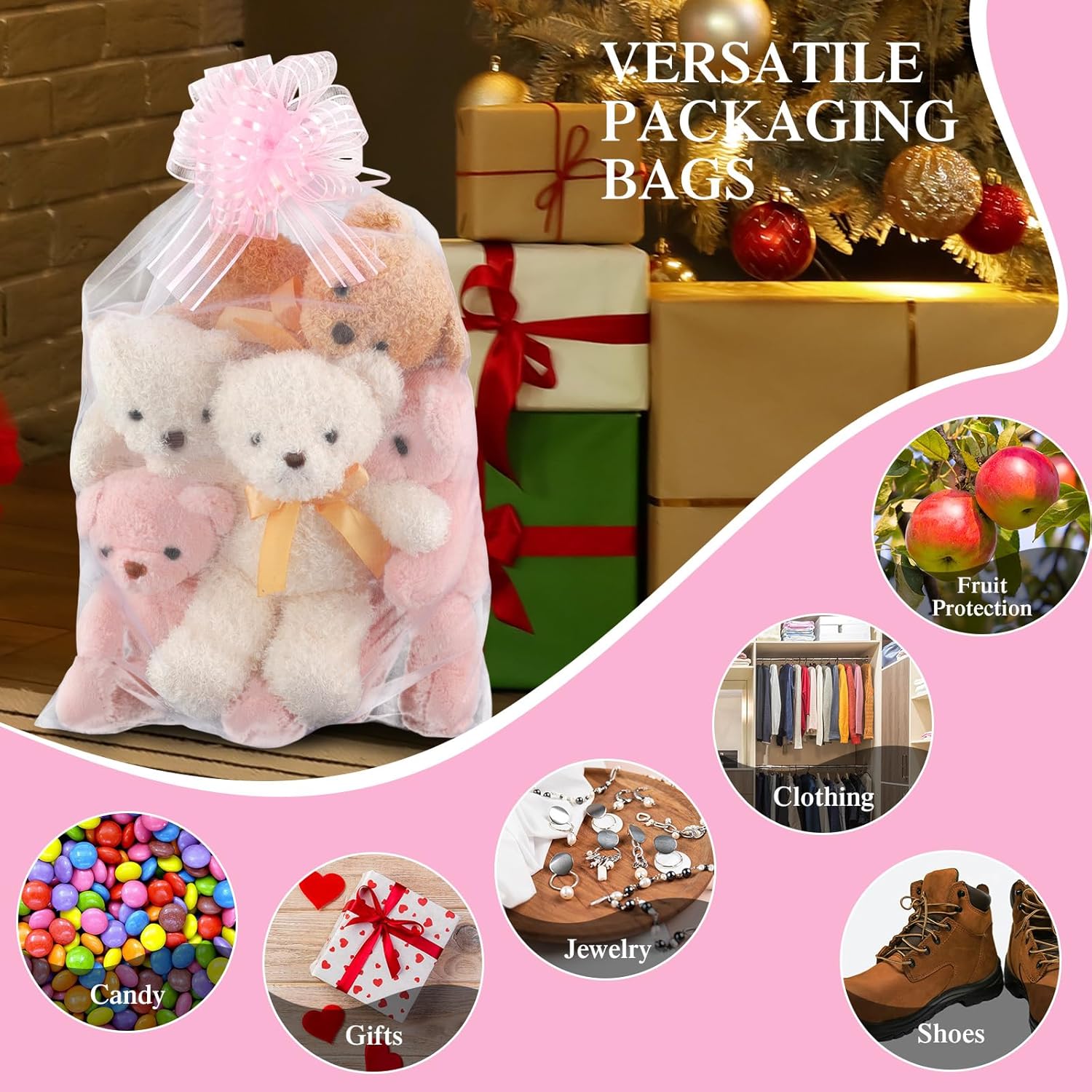 SilTriangle 6 Sets 30 x 40 Inches Extra Large White Organza Fabric Bags with Pull Bow for Gift Basket Large Organza Gift Wrapping Mesh Drawstring Bag for Christmas Wedding Bridal Baby Shower Easter - Image 6