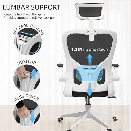 Miniatura 8 de Silla de oficina ergonómica con soporte lumbar, reposacabezas y brazos abatibles, altura ajustable, mecedora, silla alta giratoria para computadora,
