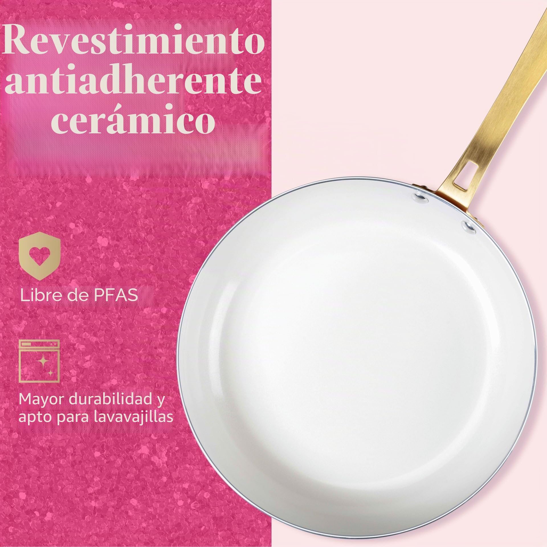 FACKELMANN Paris Hilton – Batería de cocina de 10 piezas – Aluminio y cerámica antiadherente, apta para inducción, apto para lavavajillas, color rosa, crema y dorado
