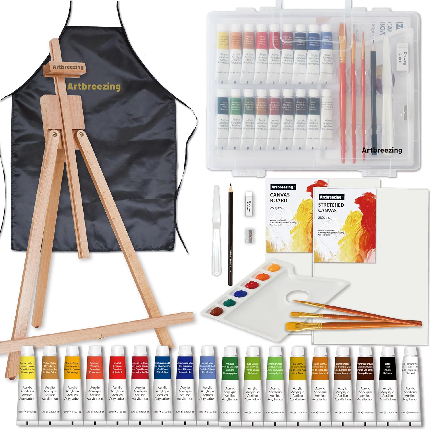 Artbreezing 31pc Tabletop Easel Painting Set,Acrylic Paint,Portable Easel,Brushes,Canvas, Apron, Plastic Carry Case,Art Set for Kids,Adults,Beginners,Artists (SET-31PCS-18 * 12ML)