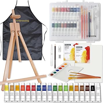 Artbreezing Acrylic Paint Set with Tabletop Easel, Acrylic Paints, Canvases, Brushes, Apron, Storage Box, All-in-One Giftable Art Set for All Skill Levels, Ideal for Adults, Kids,Total 31-piece.