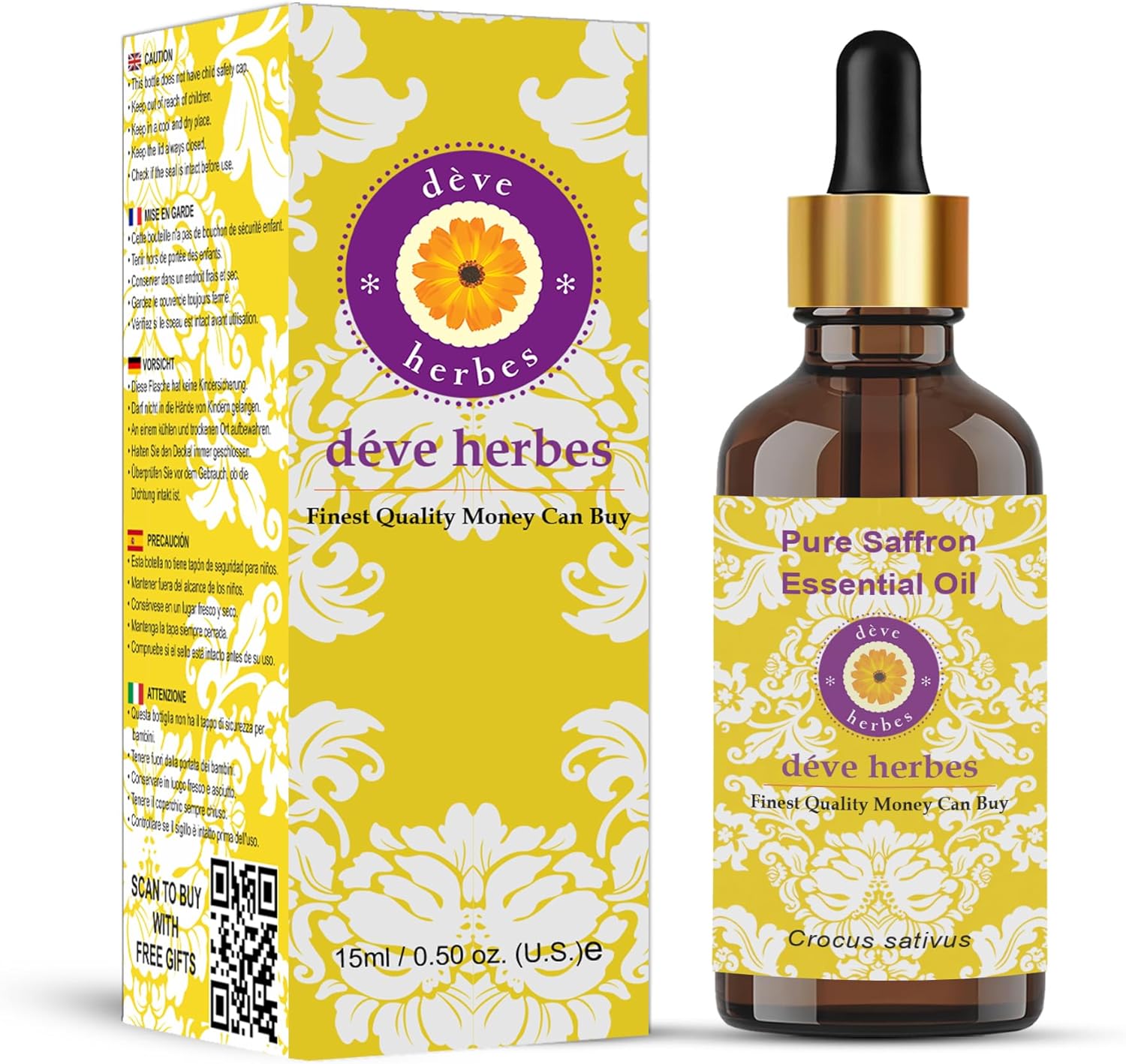Deve Herbes Pure Saffron Essential Oil (Crocus sativus) with Glass Dropper Steam Distilled 15ml (0.50 oz)