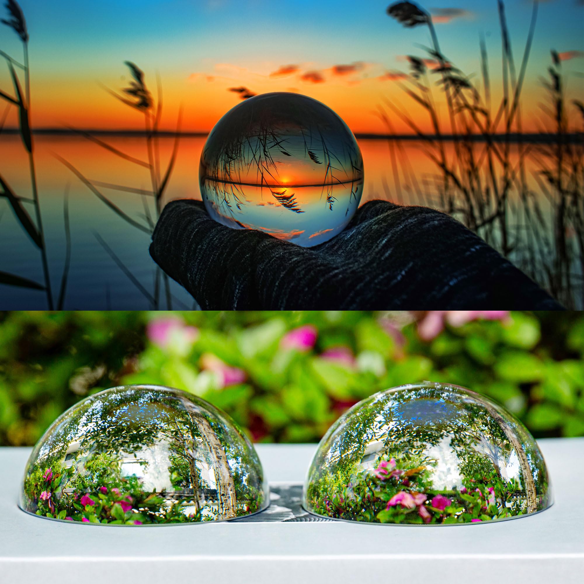 Lot de 6 prismes de photographie en cristal optique K9, comprenant une boule de cristal de 50 mm, un cube, une pyramide optique, un prisme triangulaire de 50 mm et 150 mm, une loupe dôme de 60 mm avec