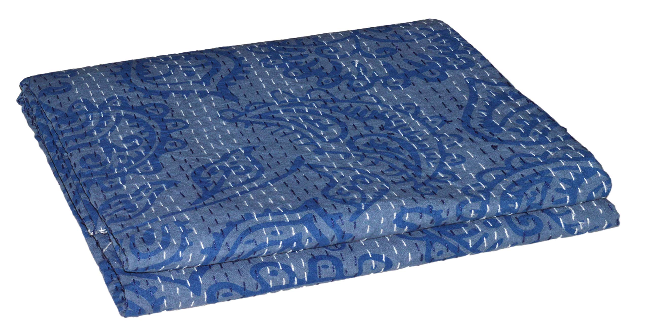 Copriletto Indiano Kantha Fatto A Mano | Cotone 100% | Ricamo Tradizionale Indaco | 200x150 Cm