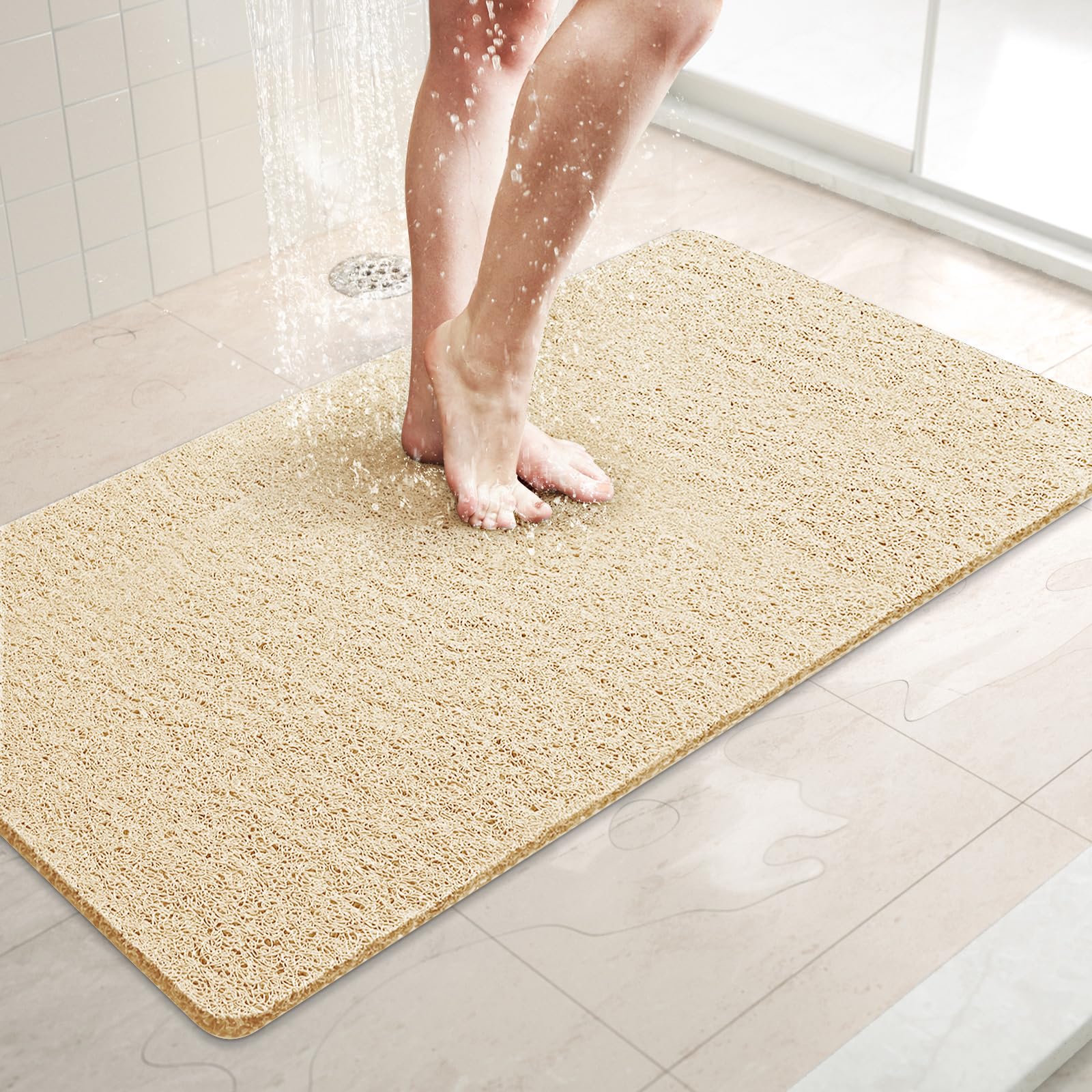 LuxStep Shower Mat Bathtub Mat,32x16 inch, Non-Slip Bath Mat with Drain, Quick Drying PVC Loofah Bathmat for Tub,Shower,Bathroom,Khaki