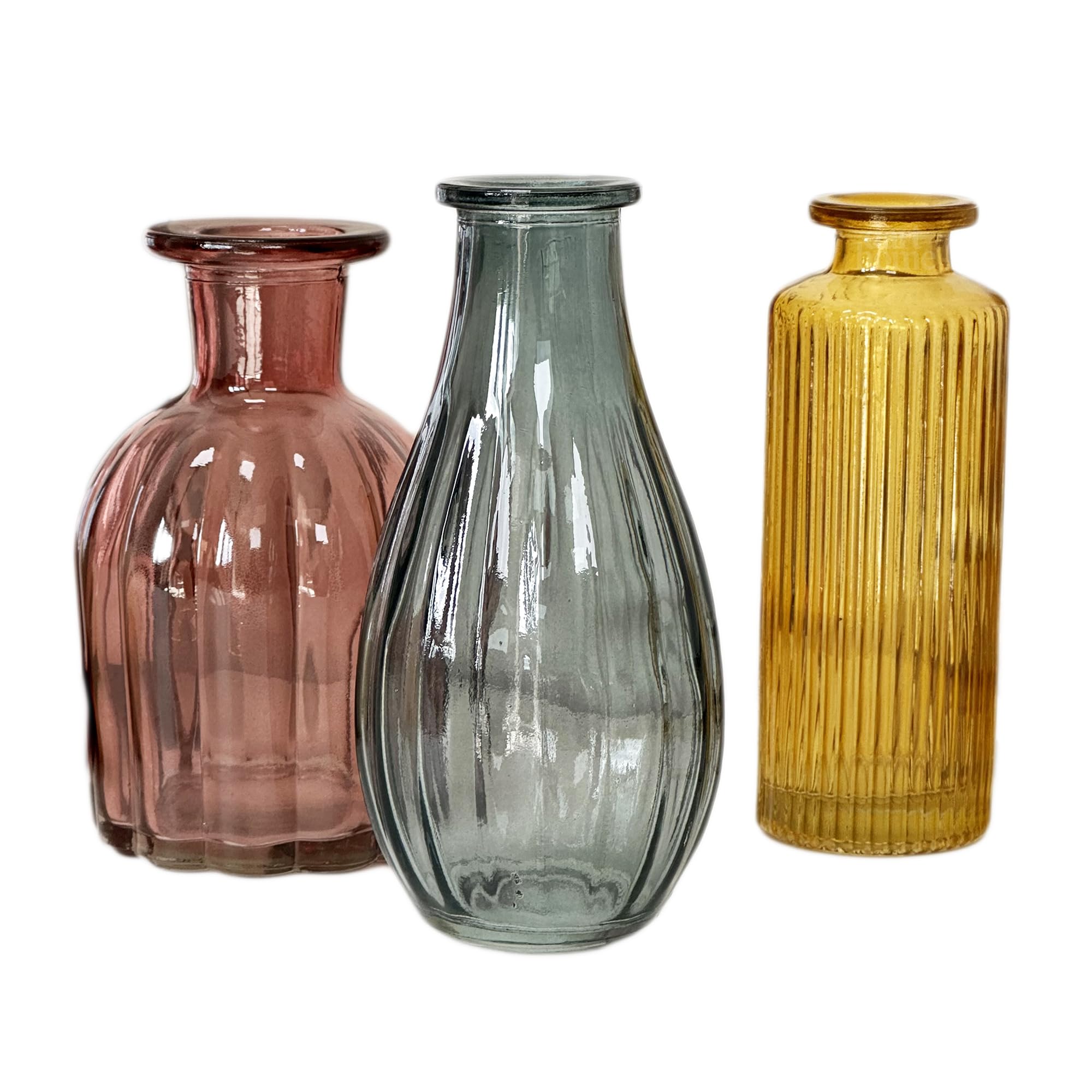 Boho Glass Bud Vases Set Of 3 Coloured Bottle Flower Stem Holders Wedding Decor