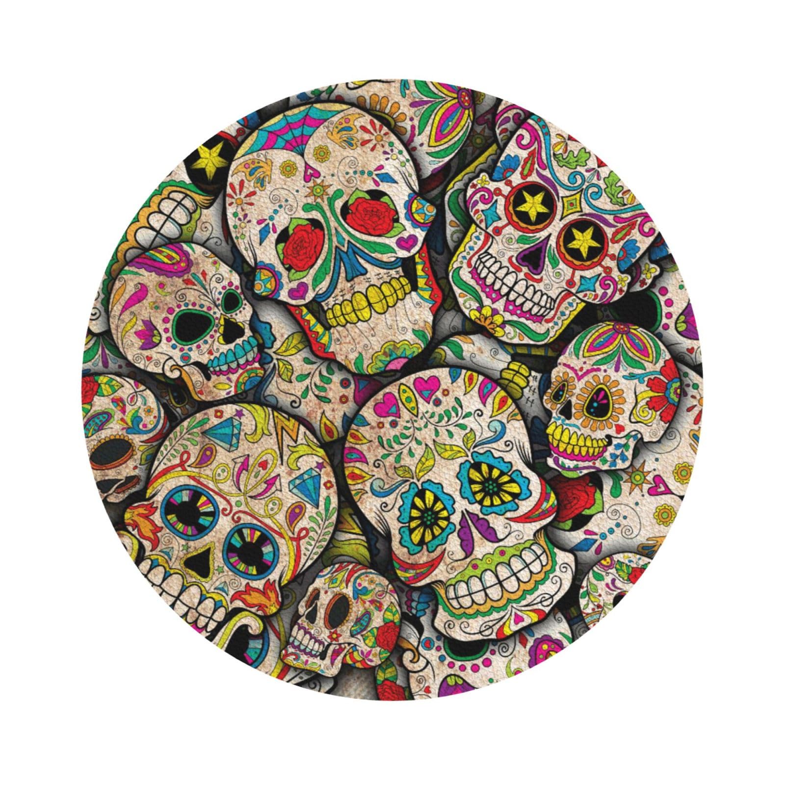 skull PU Leather Coasters Set of 6 Round Drink Coasters