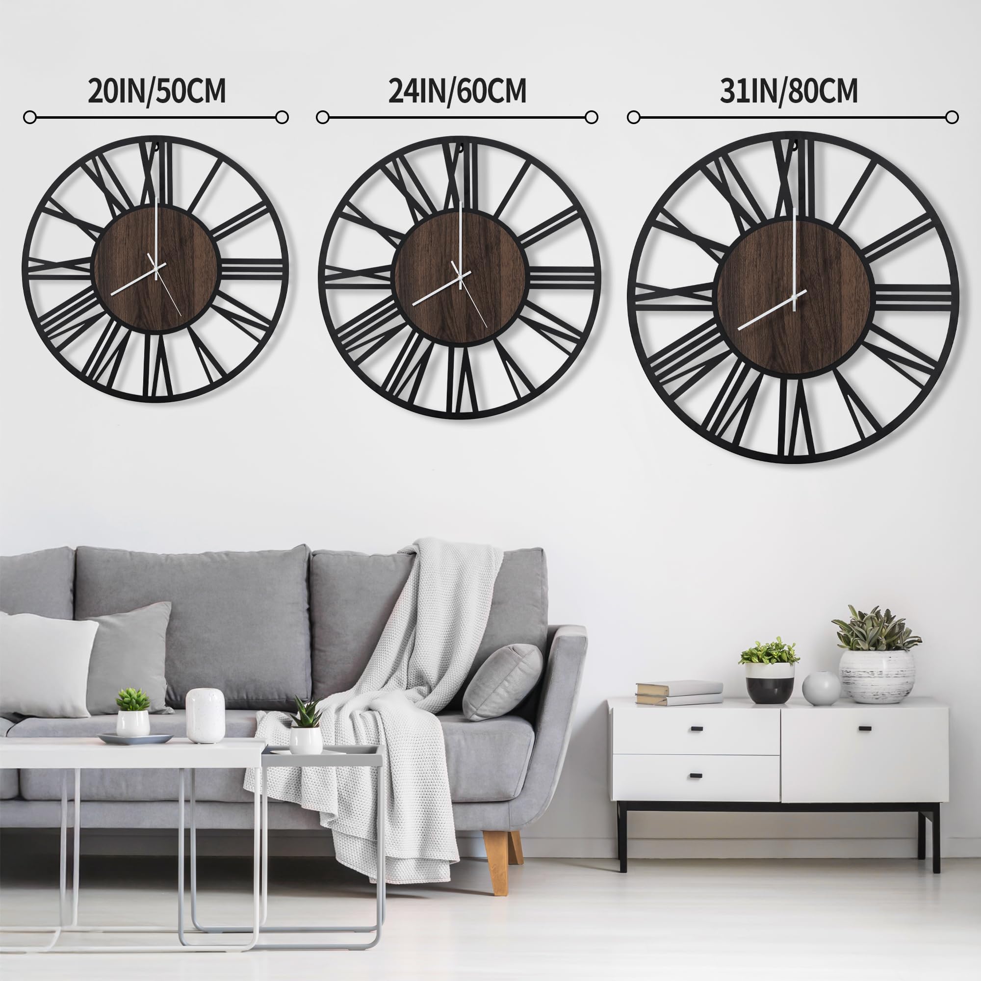 Maxstar 50CM Große Wanduhr Für Wohnzimmer, Batteriebetrieben,Still, Nicht Tickend, Holzstil, Moderne LED-Wanduhr Für Schlafzimmer, Garage, Büro, Esszimmer, Küchendekor (Römische Ziffern, Schwarz-20)