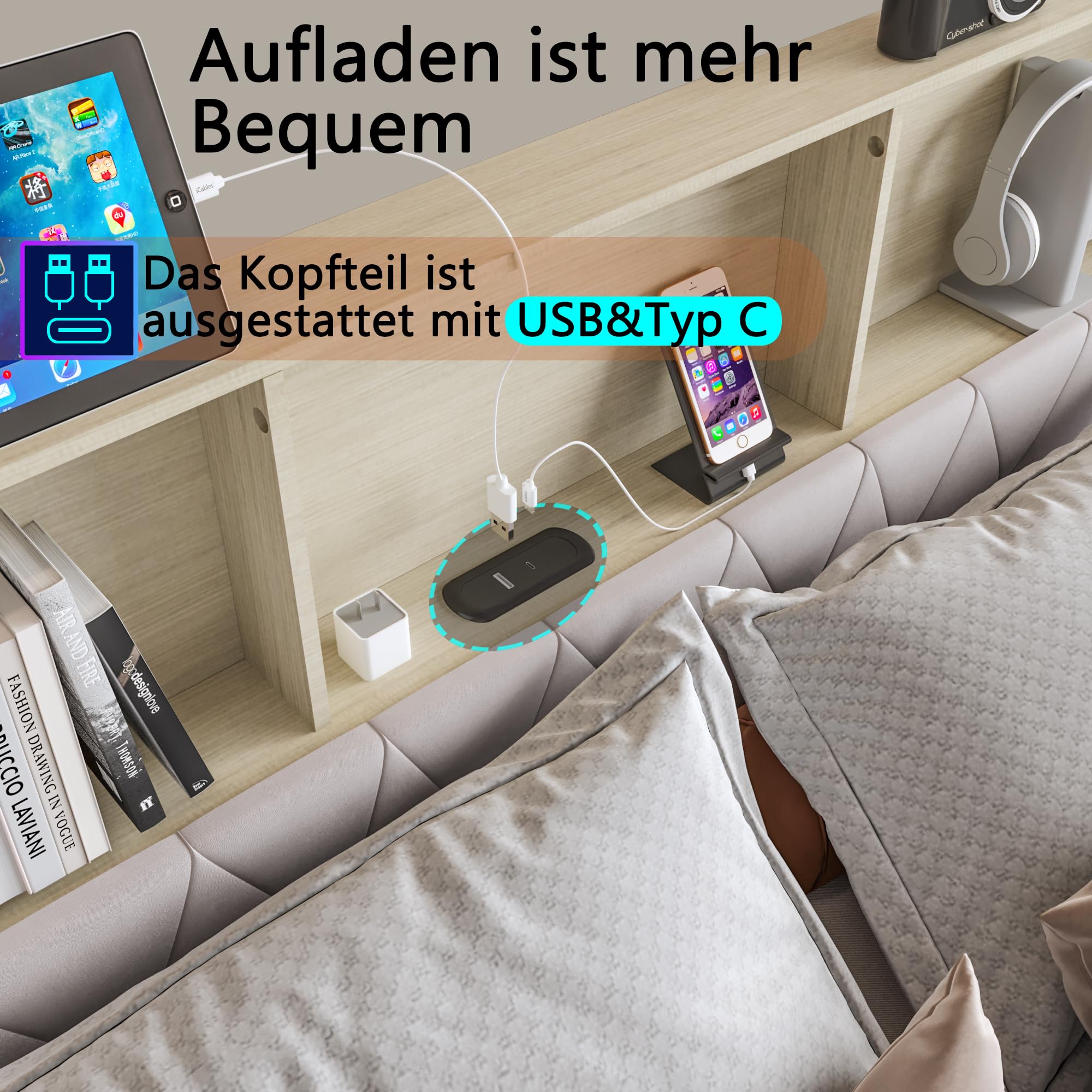 Cama tapizada para cama doble de 160 x 200, cama con cajón, cama funcional con cabecero, cama doble LED con almacenamiento, cama para adultos (beige, 160 x 200)