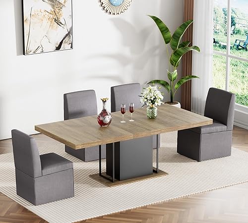 Miniatura 9 de Juego de mesa de comedor extensible para mesa de cocina extensible de 4, 5 piezas y 4 sillas de almacenamiento ocultas de lino tapizadas de madera