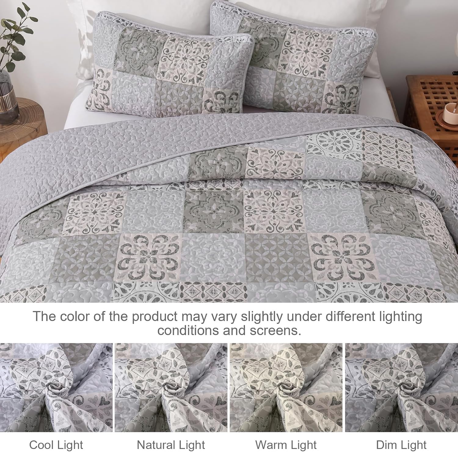 Dobuyly Queen Size Quilt Set Boho Grey Beige Plaid Patchwork Bedspreads Coverlet Set, 3 Pieces Reversible Lightweight Microfiber Neutral Quilt Bedding Set for All Seasons 96"x90"