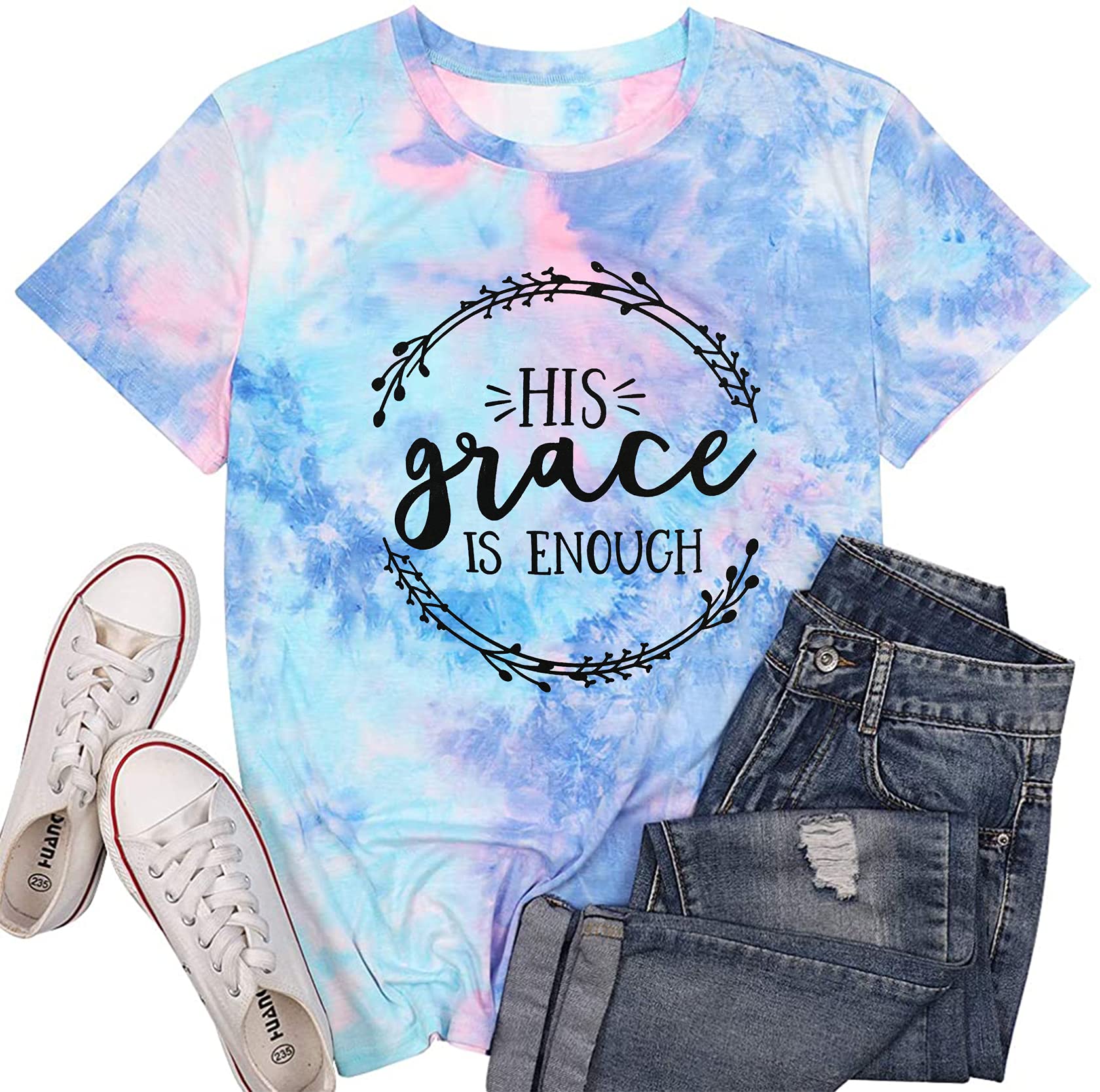 DUDUVIEHis Grace is Enough Tshirt Women Cute Jesus Christian Faith Shirts Cotton Graphic Tops Blouse