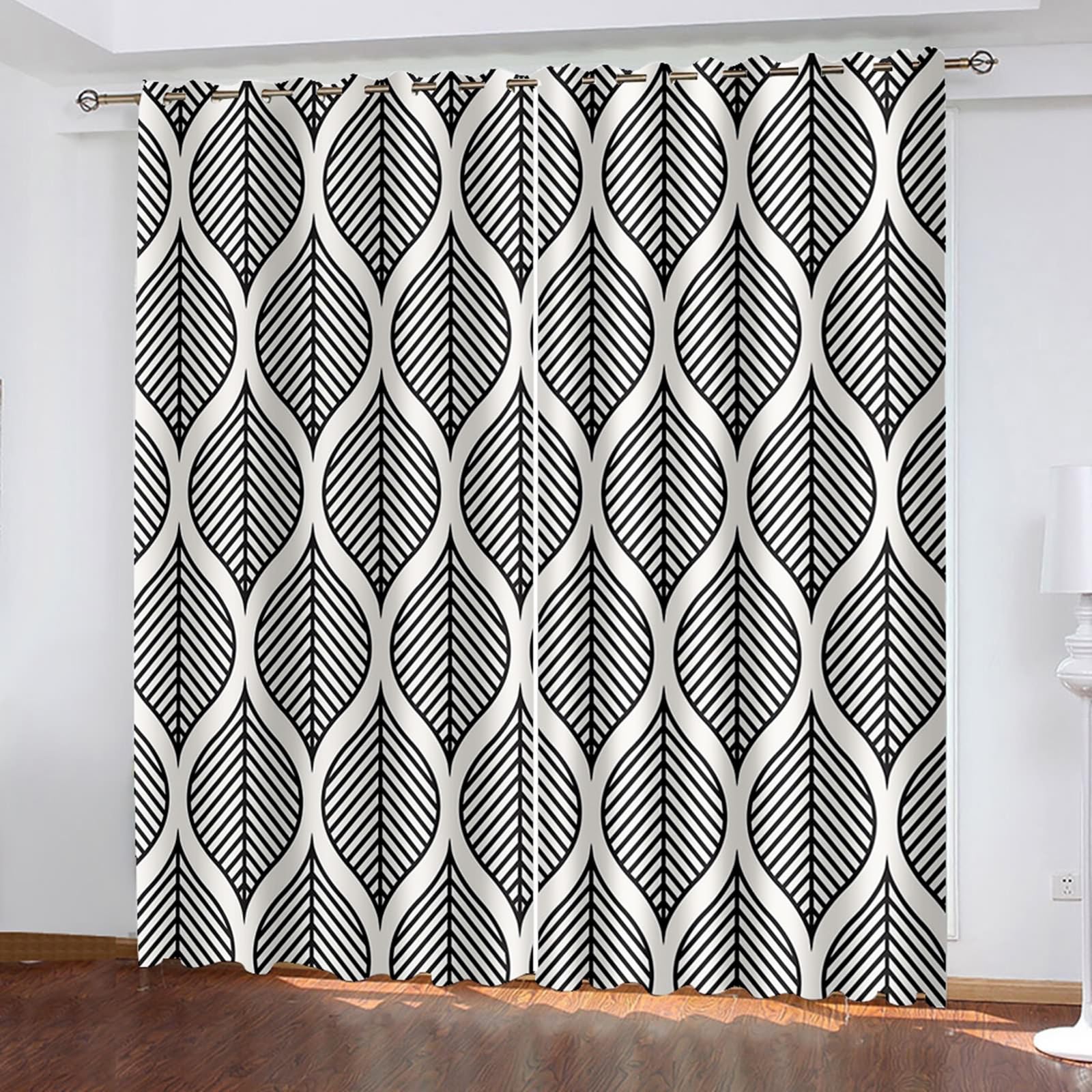 Rideaux Opaques 2 Pièces, Rideau Occultant Thermiques à Oeillets Motif de Feuilles Géométrique Simple Rideaux pour Decoration Chambre Salon Intérieurs, 152x183 CM(LxH), Noir Gris