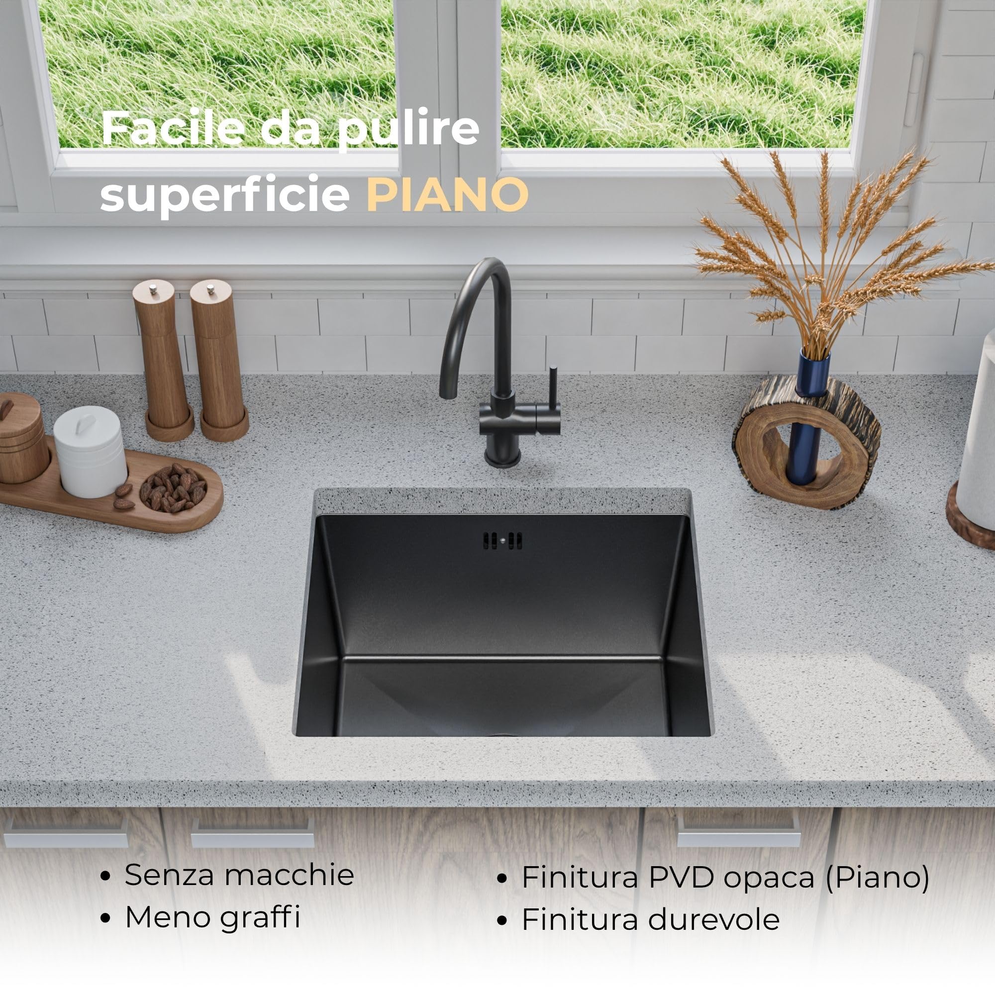 ANW HOME Lavello Cucina 1 Vasca 49x44 cm, Nero | Incasso/Sottotop, Rivestimento Nano, Spessore 3,0/1 mm, Profondità 22 cm, Con Sifone
