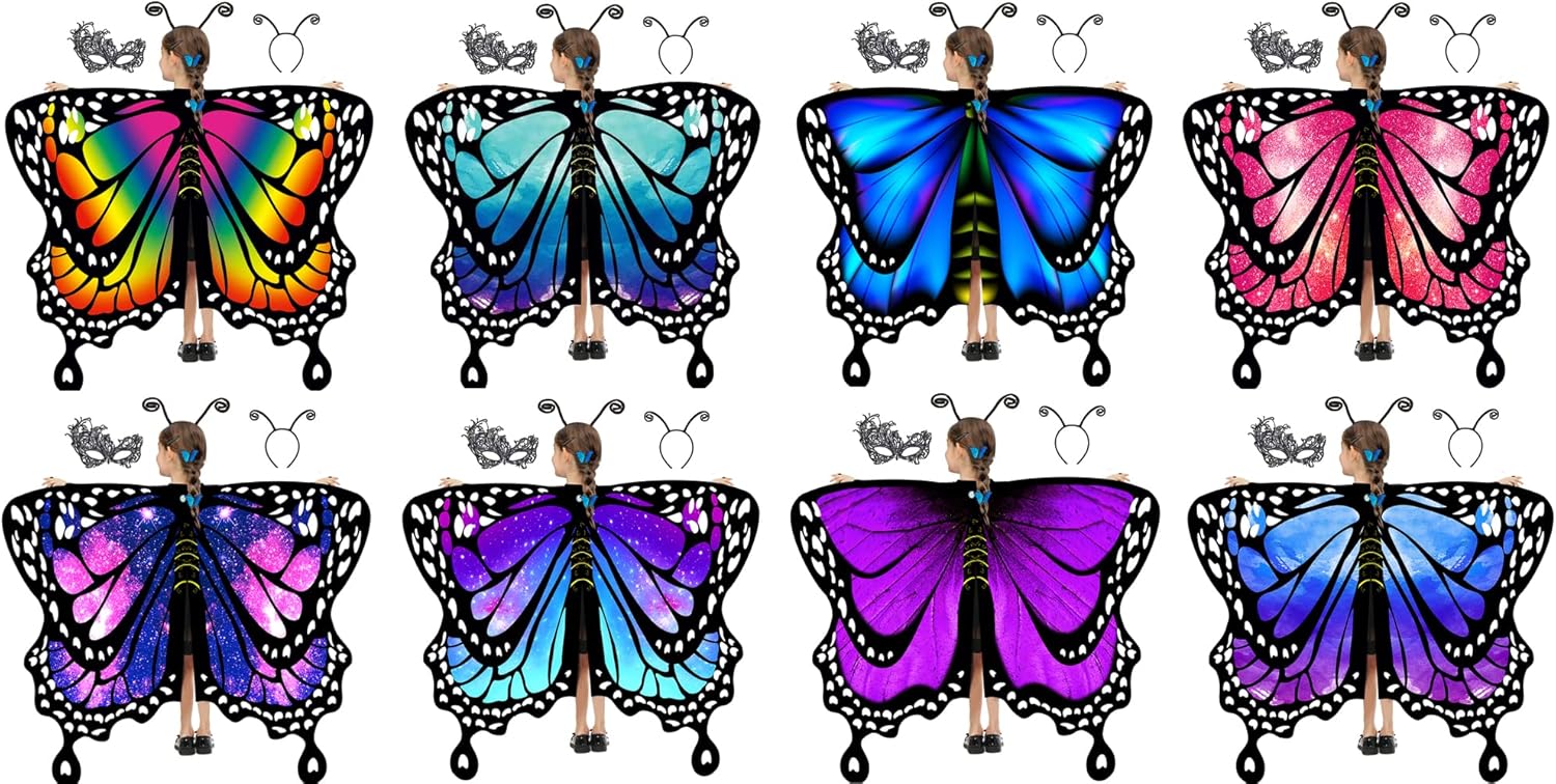 Miniatura 7 de DawnHope Alas de mariposa de Halloween para niñas disfraz de mariposa para fiesta niños alas de hadas con máscara y diadema de antena
