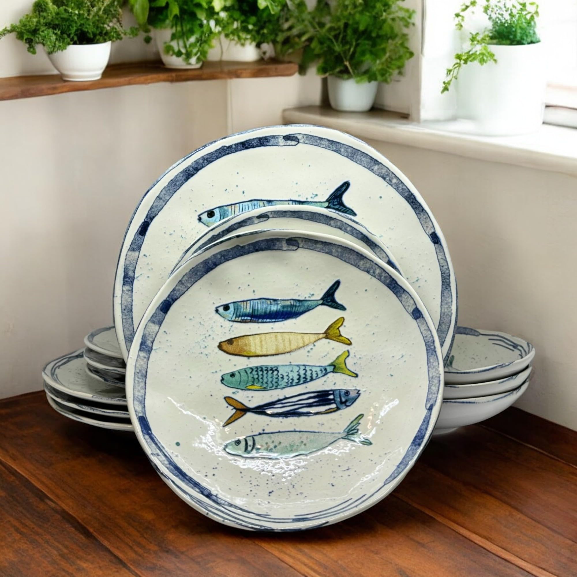La Mediterránea - Vajilla para 4 personas, 12 platos: 4 platos grandes, 26 cm, 4 postre 20 cm, 4 huecos para sopa o ensalada 20 x 5 cm