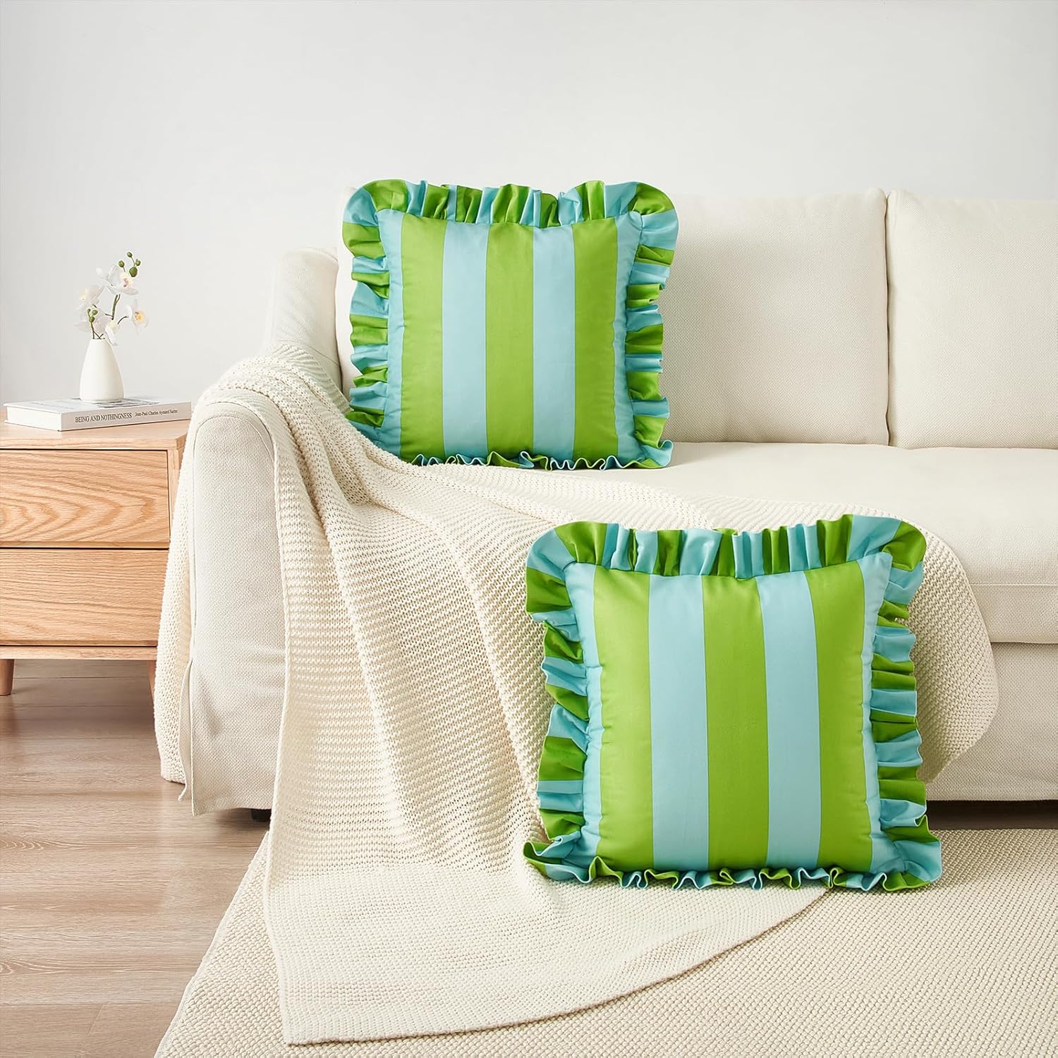 MONDAY MOOSE Decorative Throw Pillow Covers, Set of 2 Water-Resistant Striped Design with Ruffle Edge for Outdoor/Indoor Use, Pillow Inserts Not Included (20x20 inch, Light Green/Light Blue)