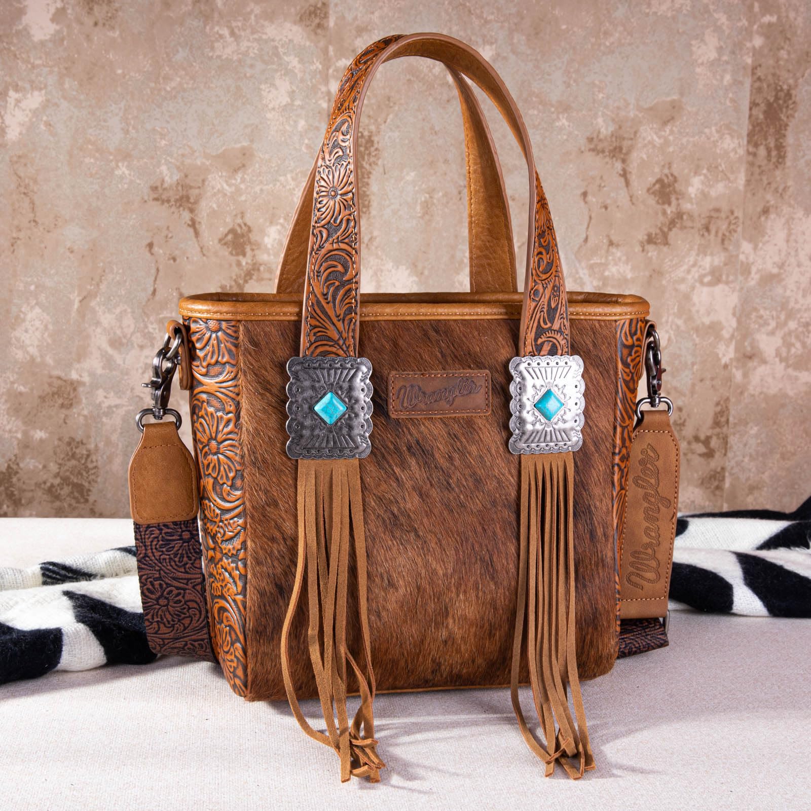 Montana West Wrangler Tragetasche aus Rindsleder für Damen, Western-Werkzeugtasche, Lederfransen mit türkisfarbenem Stein-Concho