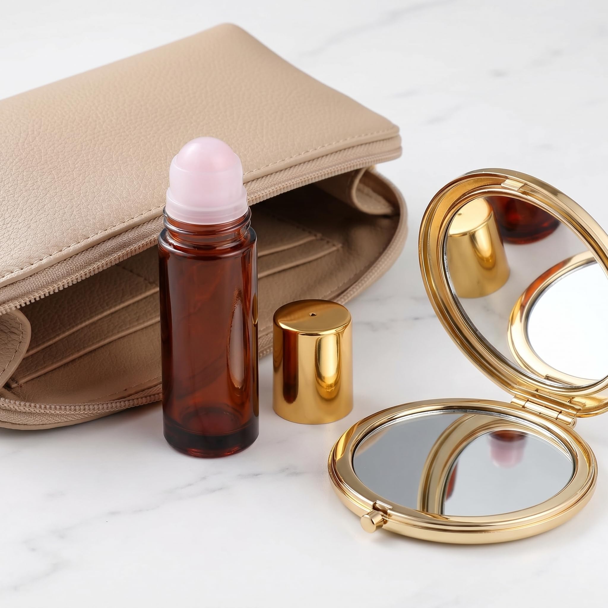 Botellas de bola rodante de cuarzo rosa para aceites esenciales, paquete de 2 botellas vacías de vidrio ámbar recargables de 50 ml con bola rodante de cristal para aceite de ricino, equipadas con un