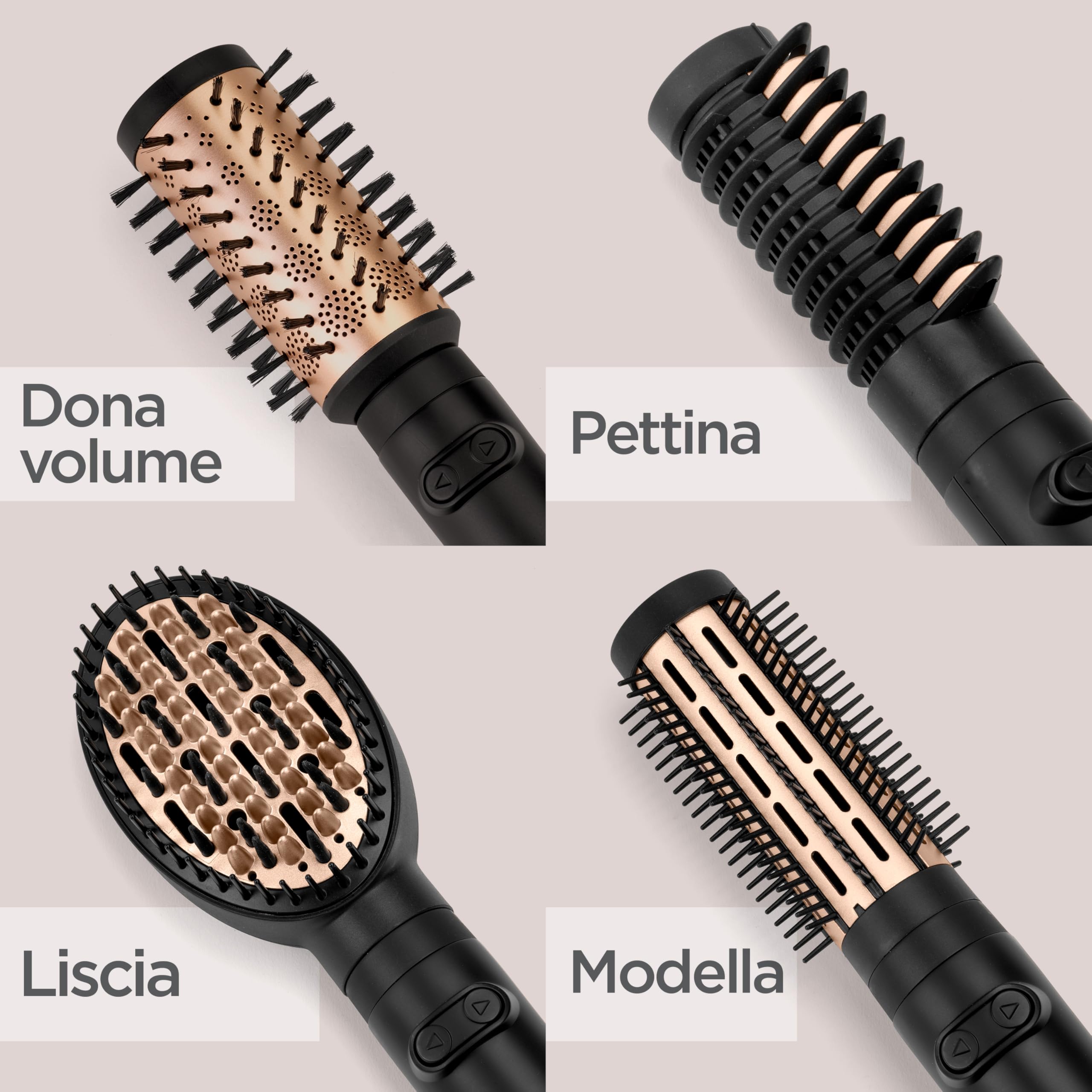 BaByliss AS970E Spazzola Rotante Da 650W, Funzione Ionica Anti-Crespo, 4 Accesori per Asciugare e Modellare, 2 Temperature + Tasto Aria Fredda, Nero e Oro