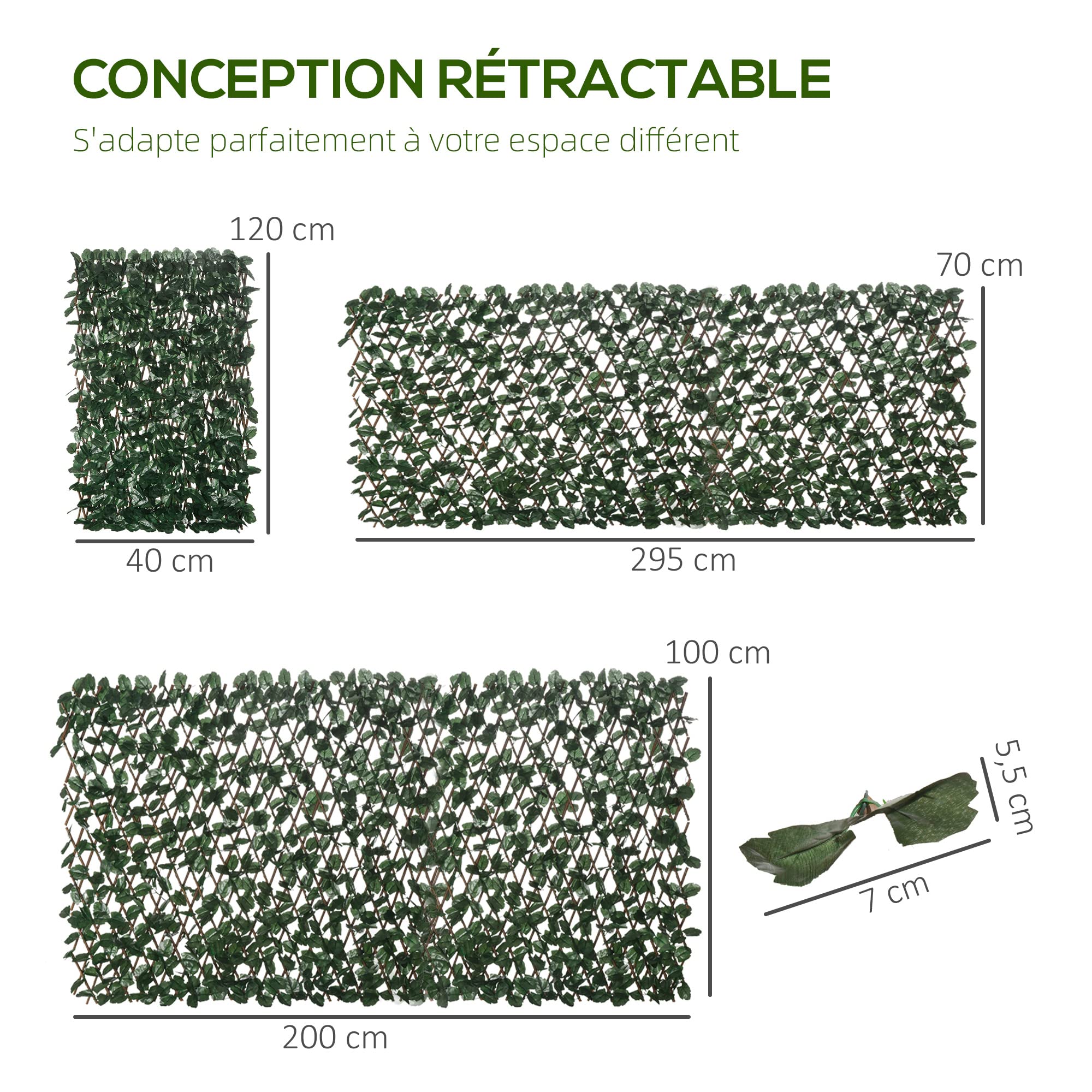 Outsunny Haie artificielle feuilles murale brise-vue 2 panneaux longueur ajustable 295 x 70 cm treillis extensible feuillage réaliste en PE vert