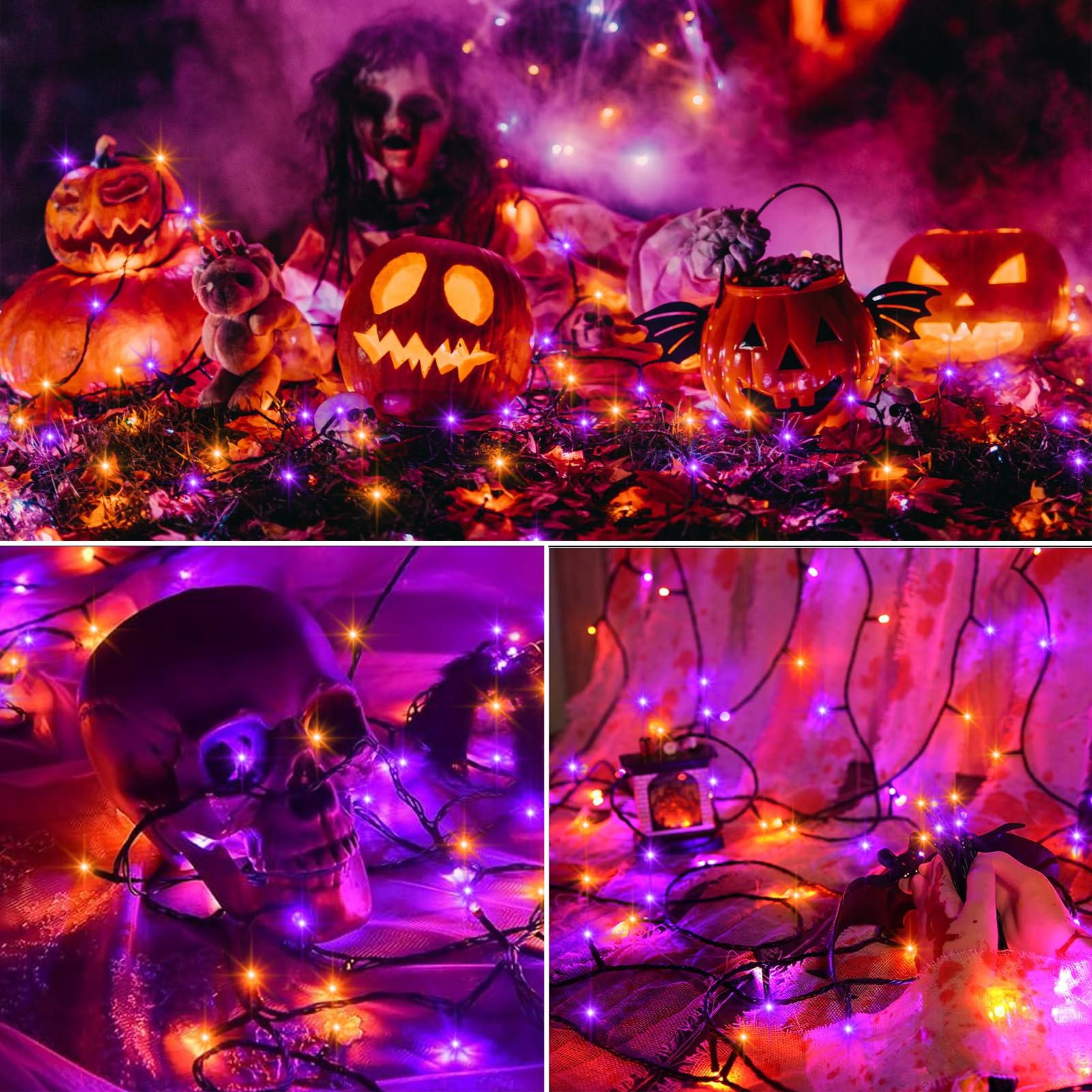 Zestaw 4 fioletowych i pomarańczowych łańcuchów świetlnych na Halloween, 50 diod LED, z timerem, 8 trybów oświetlenia, zasilany bateryjnie, na imprezę, podwórko, patio